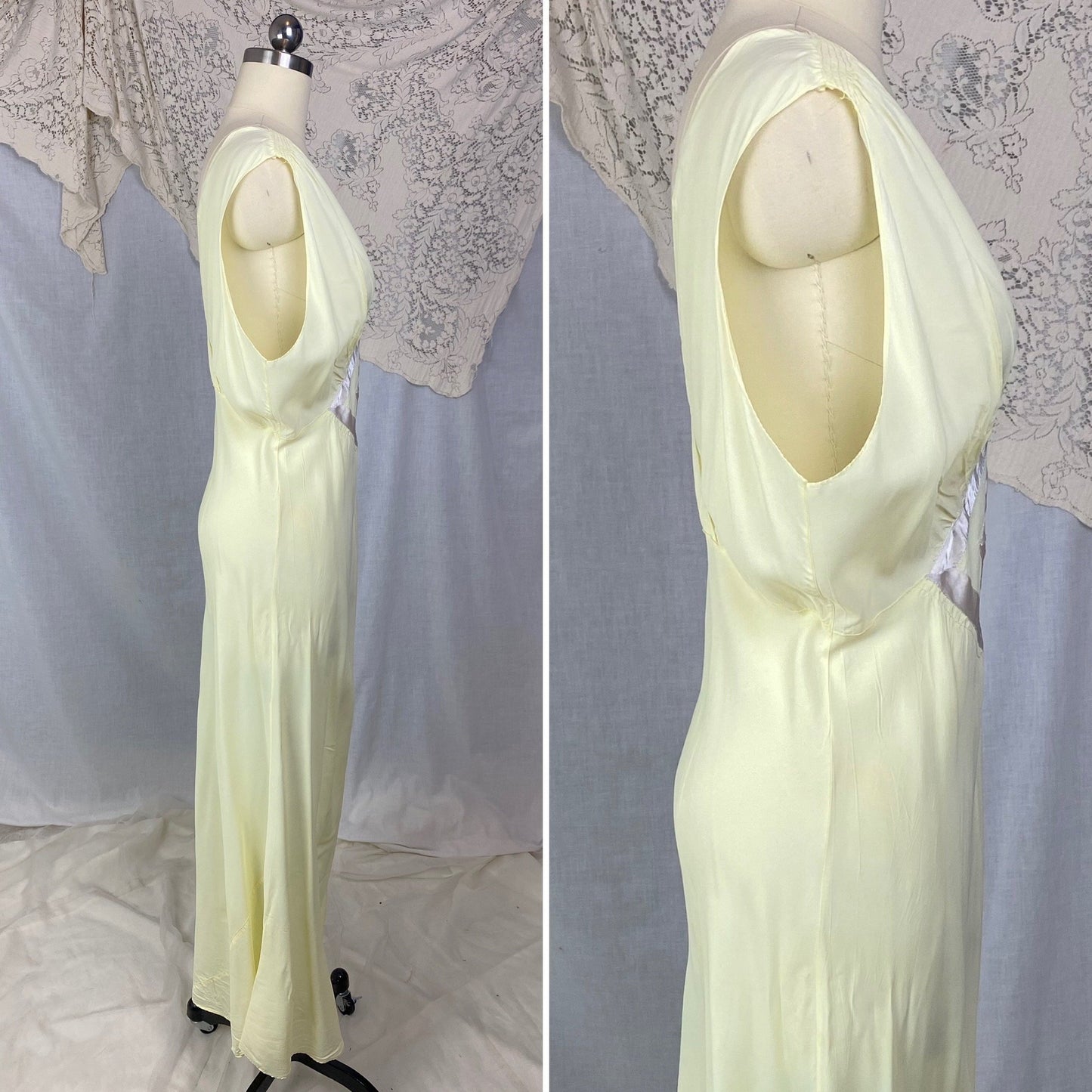Vintage 1940's Nightgown | Pale Primrose Yellow Rayon with White Satin Ribbon Appliqué | Size LG, XL | Gracette - Daggers & Dames