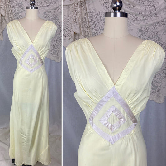 Vintage 1940's Nightgown | Pale Primrose Yellow Rayon with White Satin Ribbon Appliqué | Size LG, XL | Gracette - Daggers & Dames