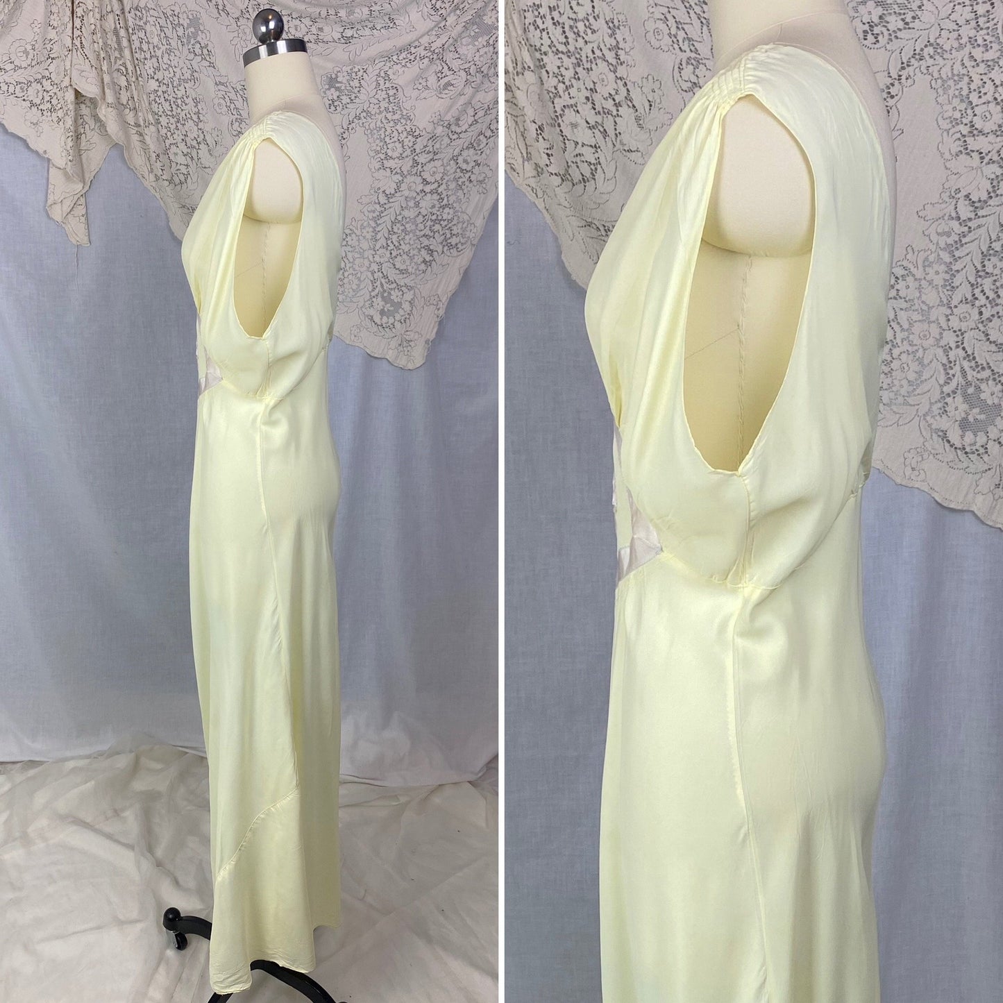 Vintage 1940's Nightgown | Pale Primrose Yellow Rayon with White Satin Ribbon Appliqué | Size LG, XL | Gracette - Daggers & Dames