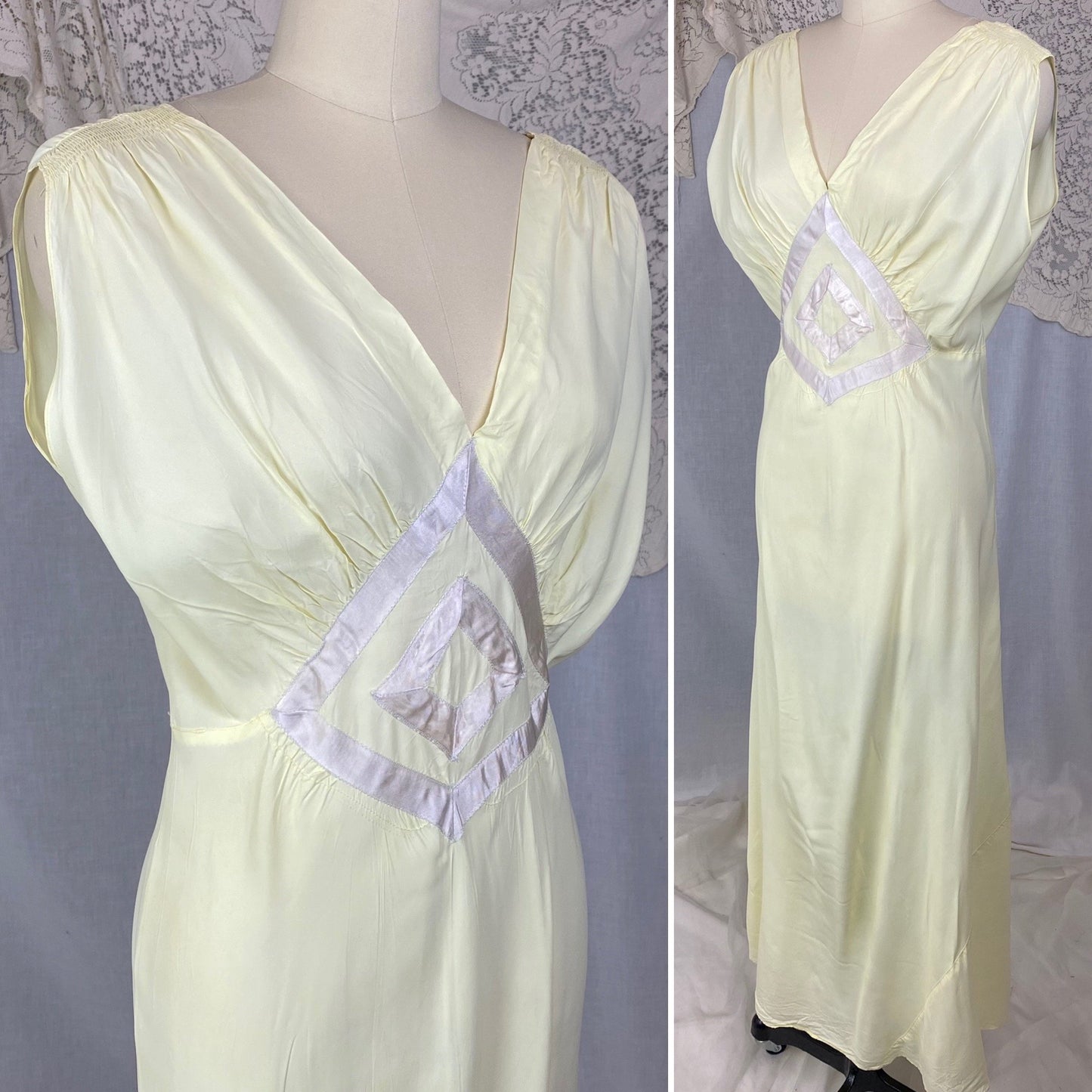 Vintage 1940's Nightgown | Pale Primrose Yellow Rayon with White Satin Ribbon Appliqué | Size LG, XL | Gracette - Daggers & Dames