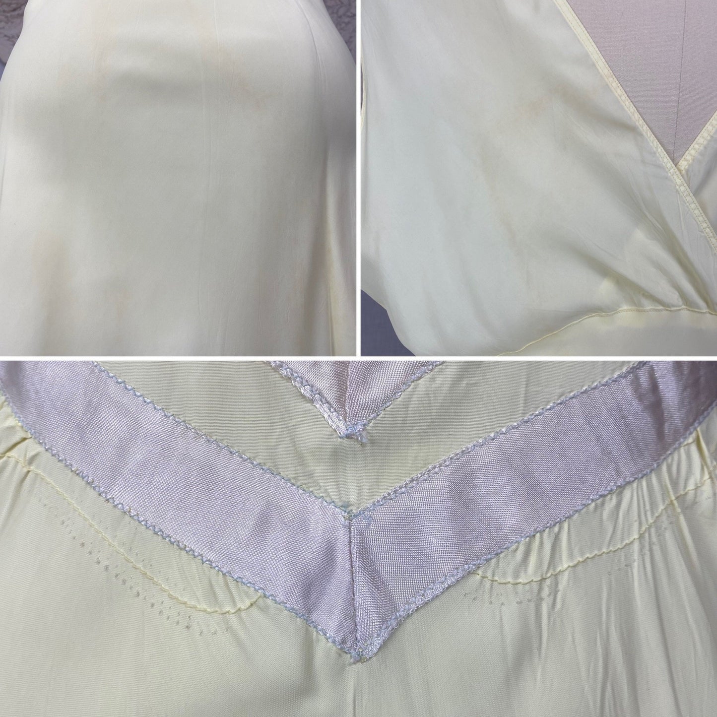 Vintage 1940's Nightgown | Pale Primrose Yellow Rayon with White Satin Ribbon Appliqué | Size LG, XL | Gracette - Daggers & Dames