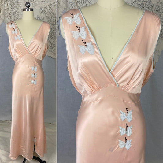 Vintage 1940's Nightgown | Pale Rose Pink with Baby Blue Butterfly Appliqués | Size 36-40 Bust, M/LG | Dwayne - Daggers & Dames
