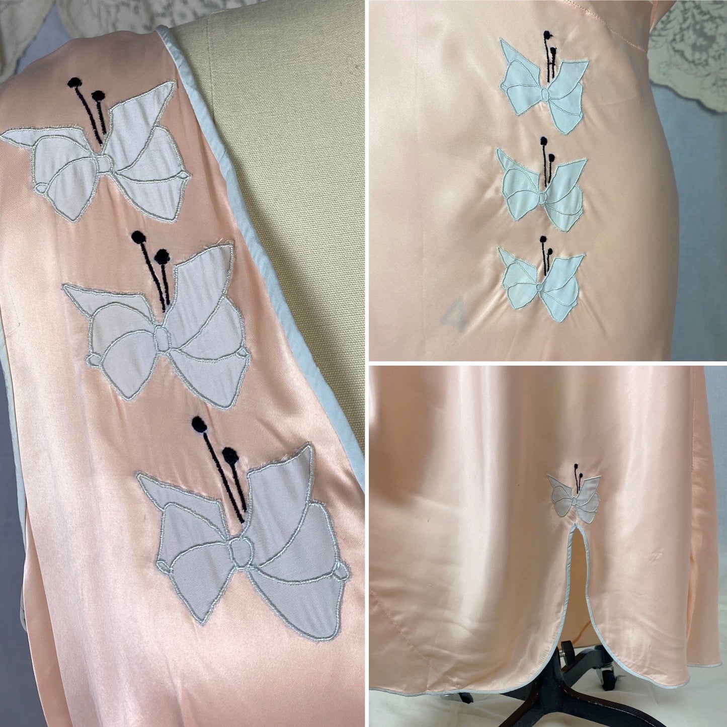 Vintage 1940's Nightgown | Pale Rose Pink with Baby Blue Butterfly Appliqués | Size 36-40 Bust, M/LG | Dwayne - Daggers & Dames