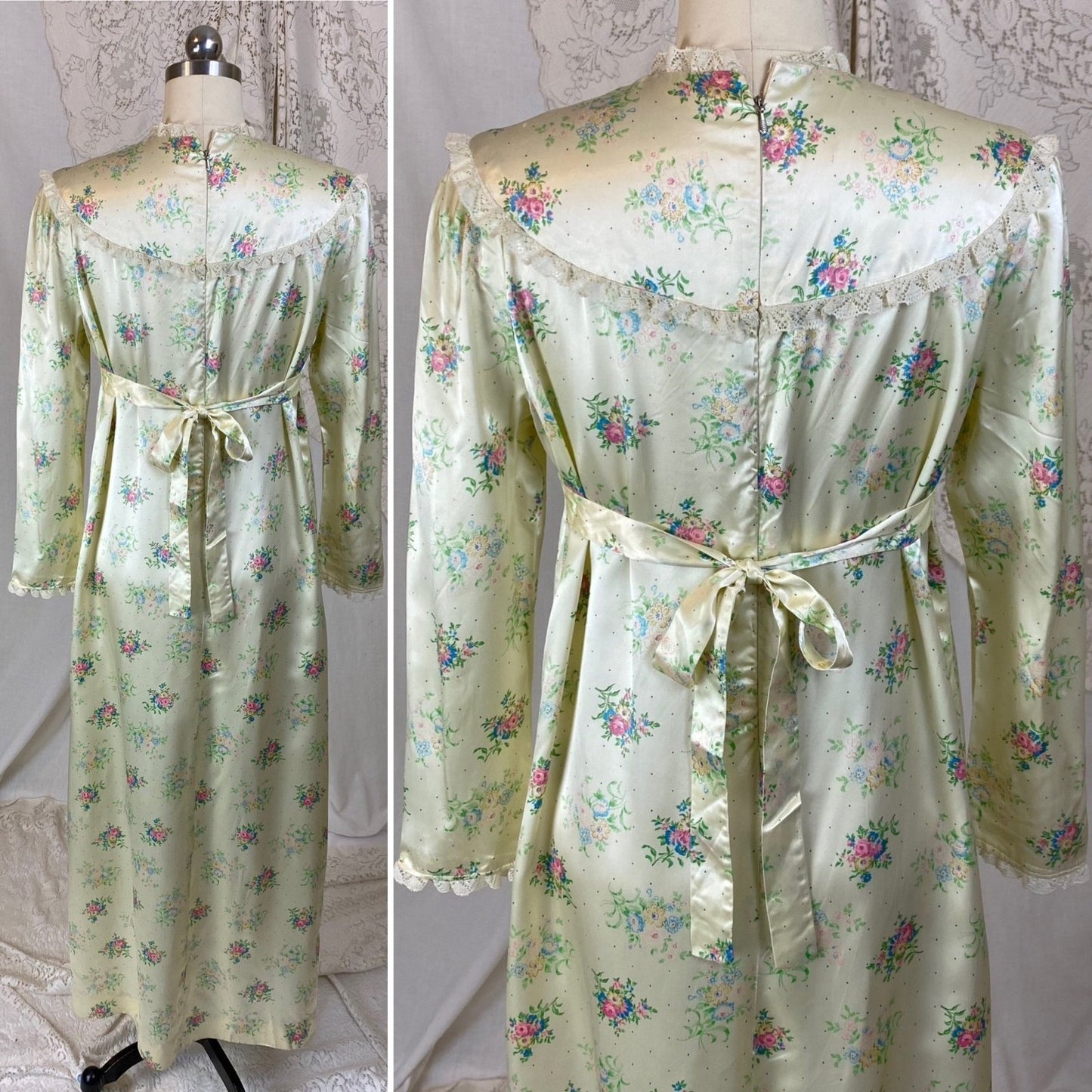 Vintage 1940's Nightgown | Pale Yellow Rayon Satin with Floral Print & Lace | Size XS - Daggers & Dames