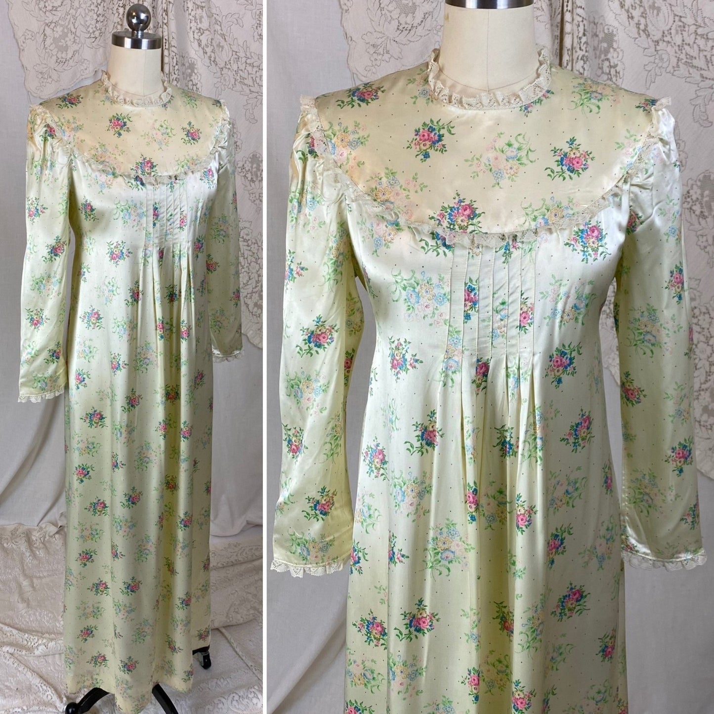 Vintage 1940's Nightgown | Pale Yellow Rayon Satin with Floral Print & Lace | Size XS - Daggers & Dames