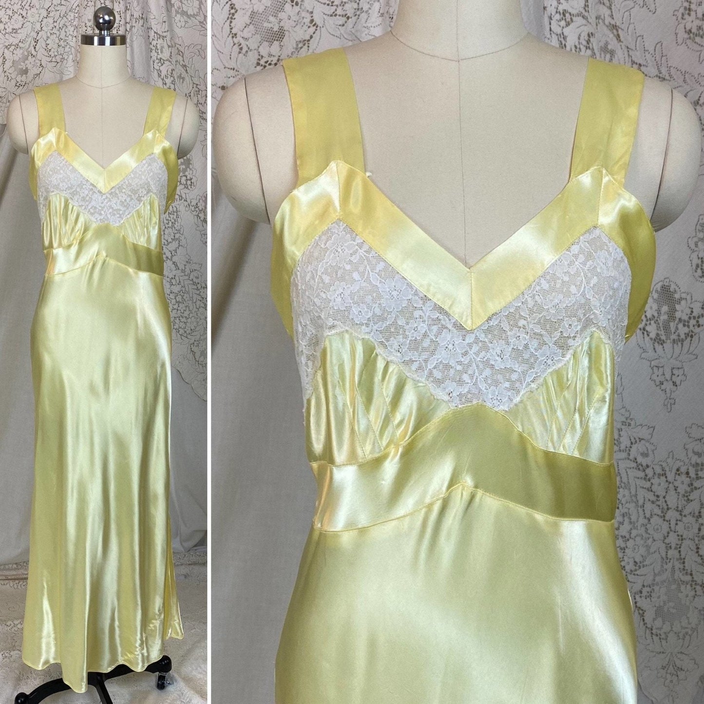 Vintage 1940's Nightgown | Pastel Yellow Acetate Satin with White Floral Lace | Size XS, S | Corticelli Lingerie - Daggers & Dames
