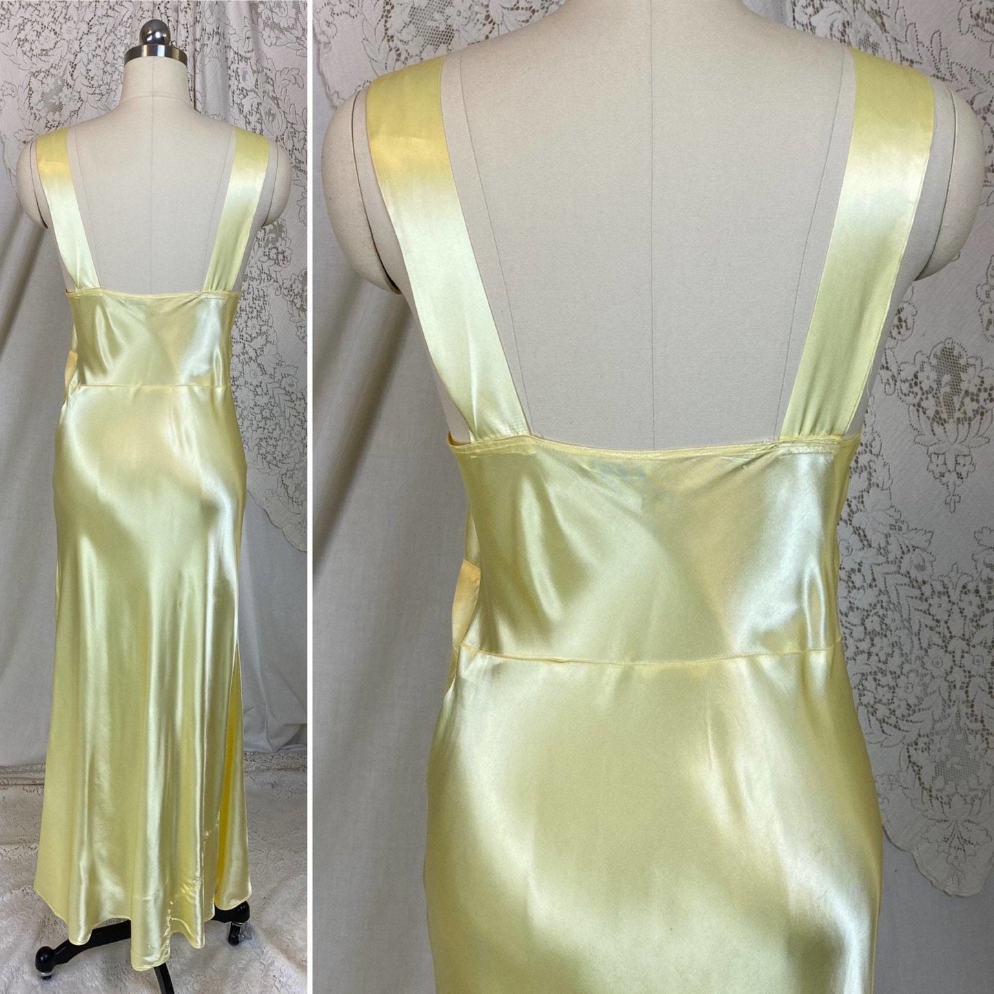 Vintage 1940's Nightgown | Pastel Yellow Acetate Satin with White Floral Lace | Size XS, S | Corticelli Lingerie - Daggers & Dames