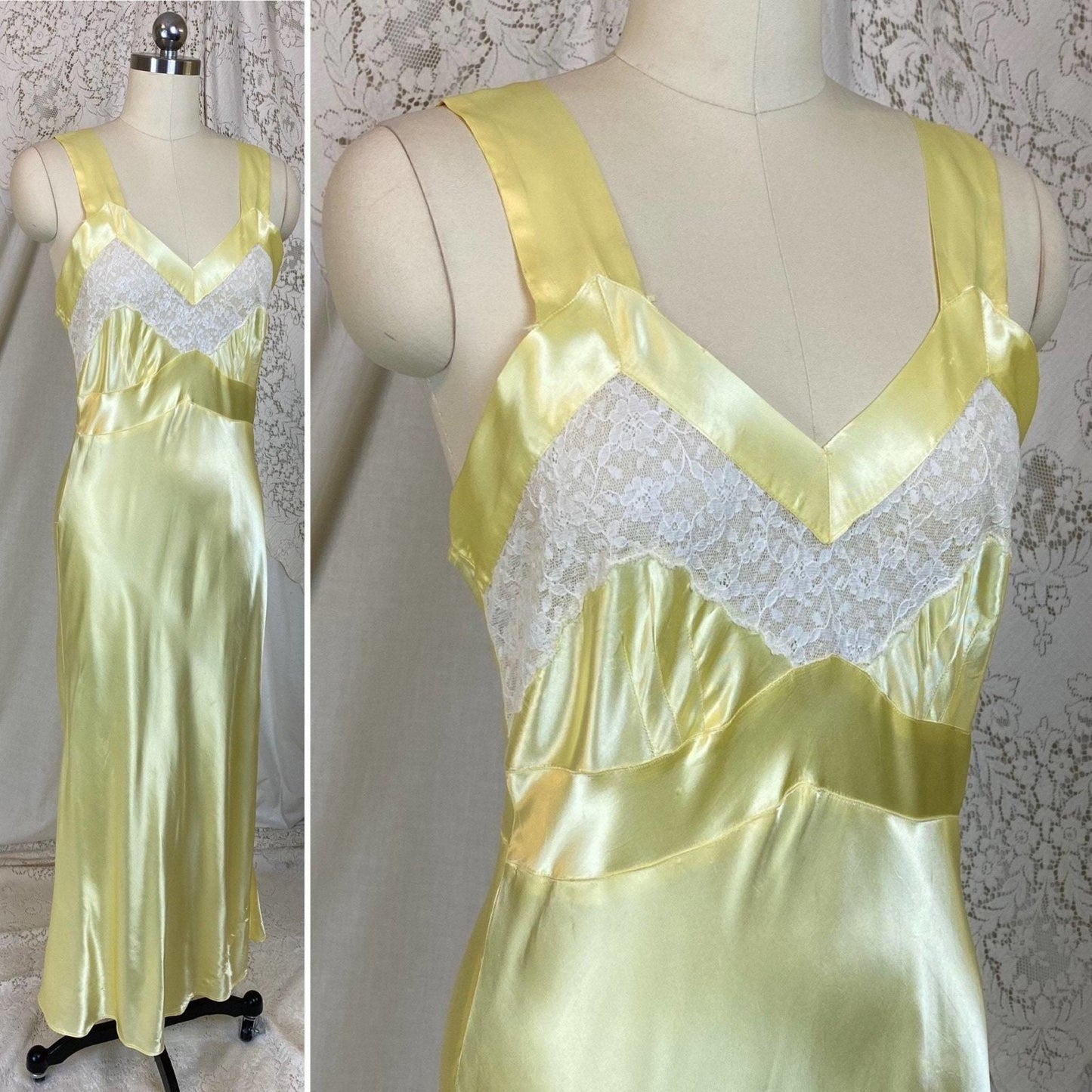 Vintage 1940's Nightgown | Pastel Yellow Acetate Satin with White Floral Lace | Size XS, S | Corticelli Lingerie - Daggers & Dames