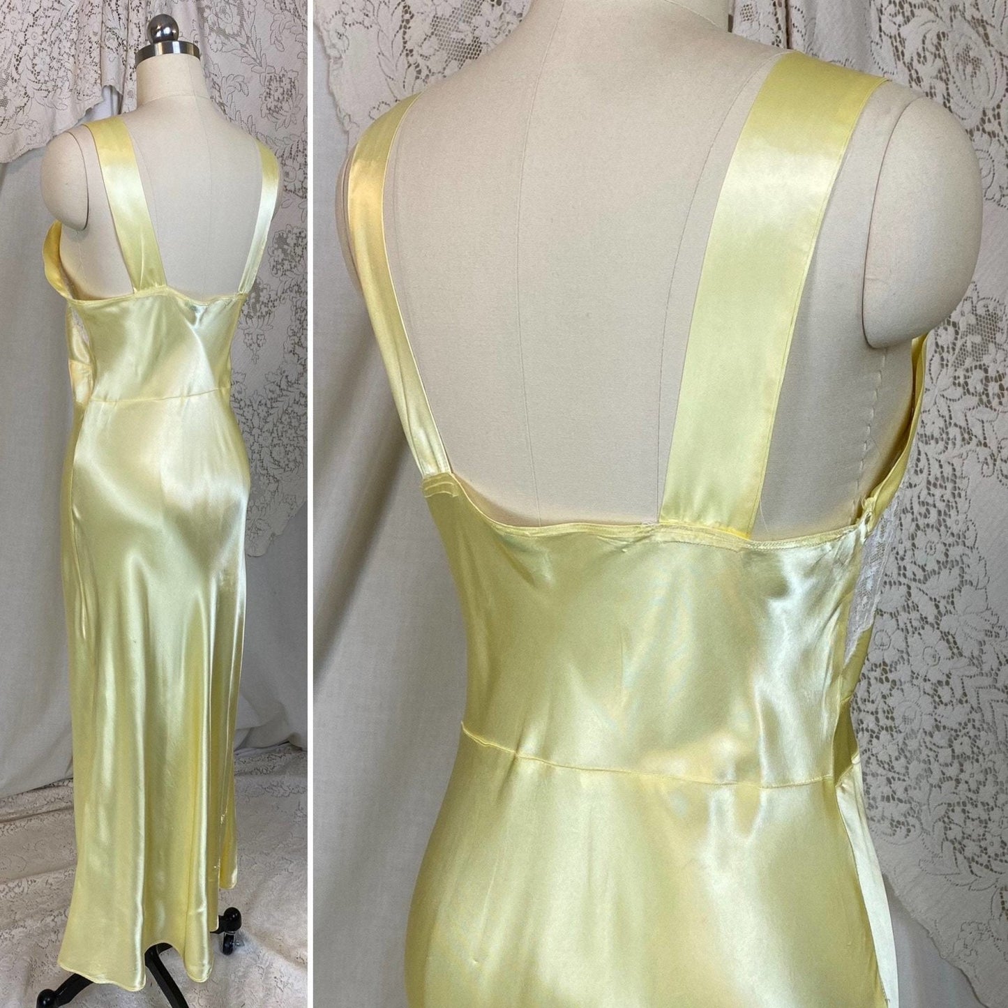 Vintage 1940's Nightgown | Pastel Yellow Acetate Satin with White Floral Lace | Size XS, S | Corticelli Lingerie - Daggers & Dames