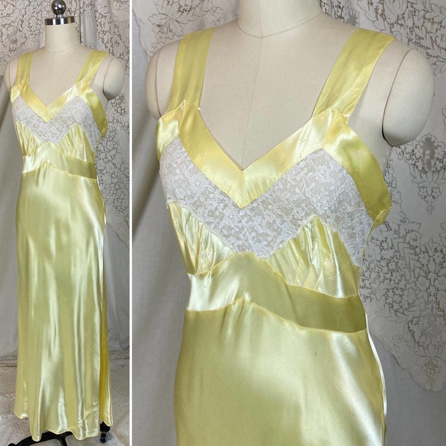 Vintage 1940's Nightgown | Pastel Yellow Acetate Satin with White Floral Lace | Size XS, S | Corticelli Lingerie - Daggers & Dames