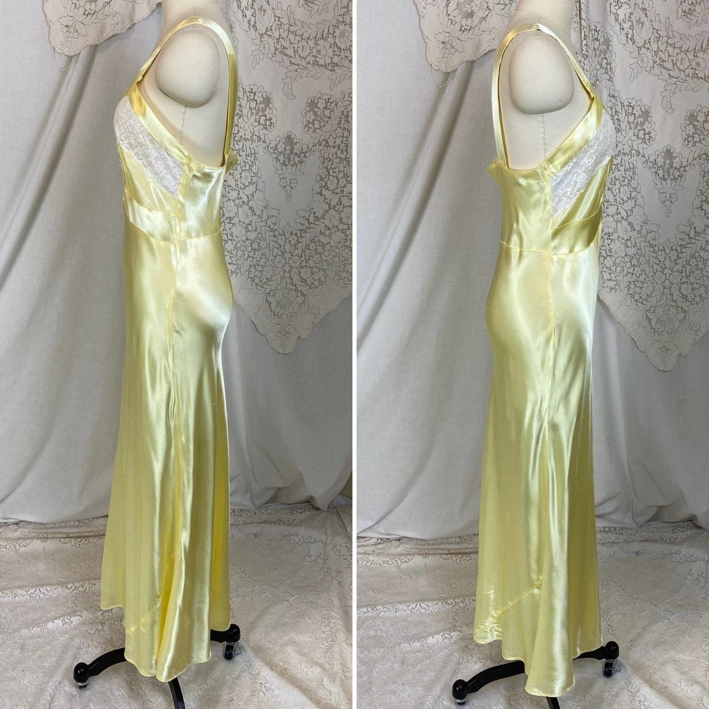 Vintage 1940's Nightgown | Pastel Yellow Acetate Satin with White Floral Lace | Size XS, S | Corticelli Lingerie - Daggers & Dames