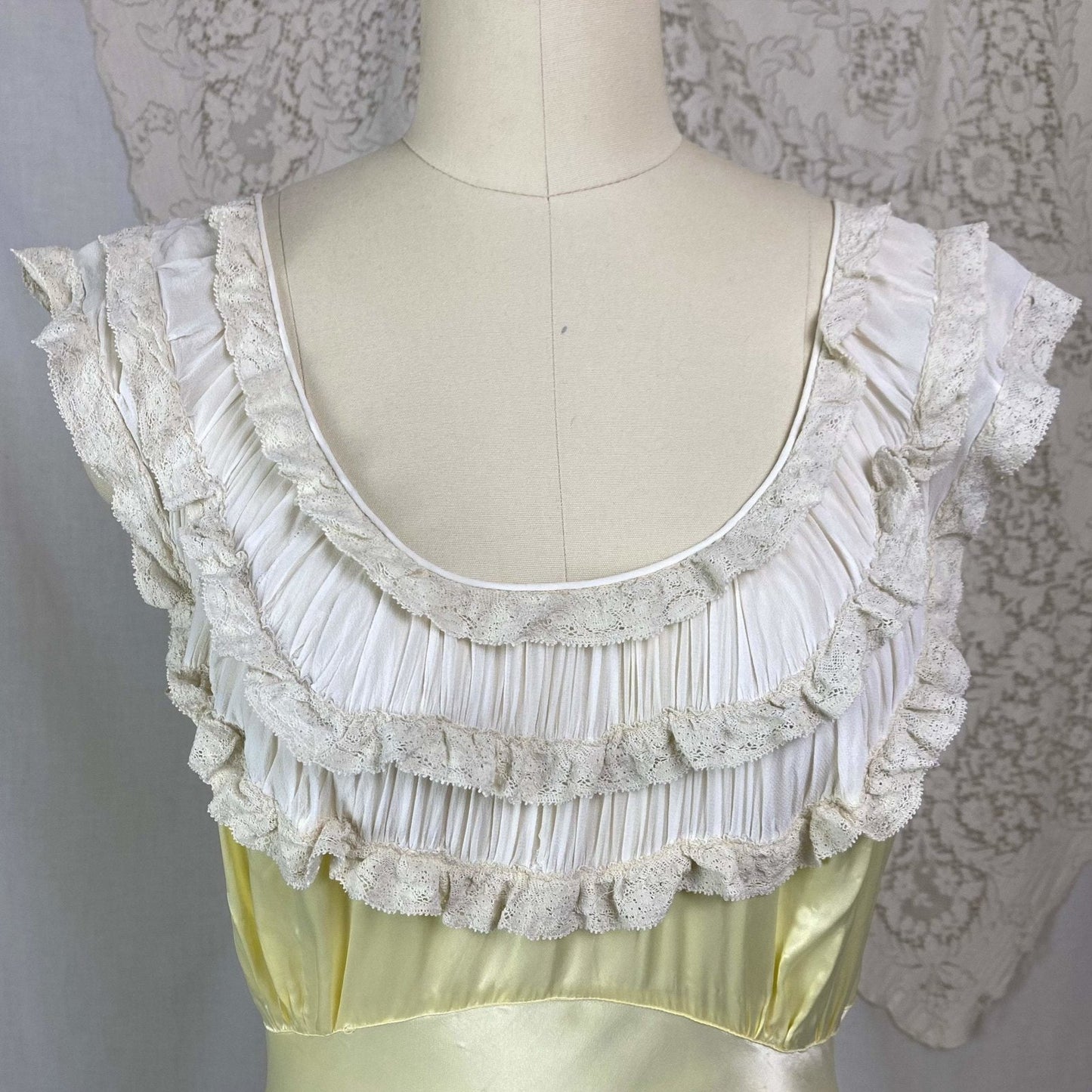 Vintage 1940's Nightgown | Pastel Yellow Rayon Satin with Bone White Chiffon & Ruffled Lace | Size XS, S | Forty Winks - Daggers & Dames