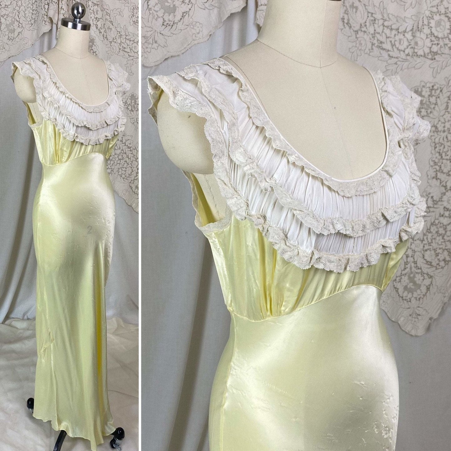 Vintage 1940's Nightgown | Pastel Yellow Rayon Satin with Bone White Chiffon & Ruffled Lace | Size XS, S | Forty Winks - Daggers & Dames