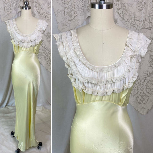 Vintage 1940's Nightgown | Pastel Yellow Rayon Satin with Bone White Chiffon & Ruffled Lace | Size XS, S | Forty Winks - Daggers & Dames