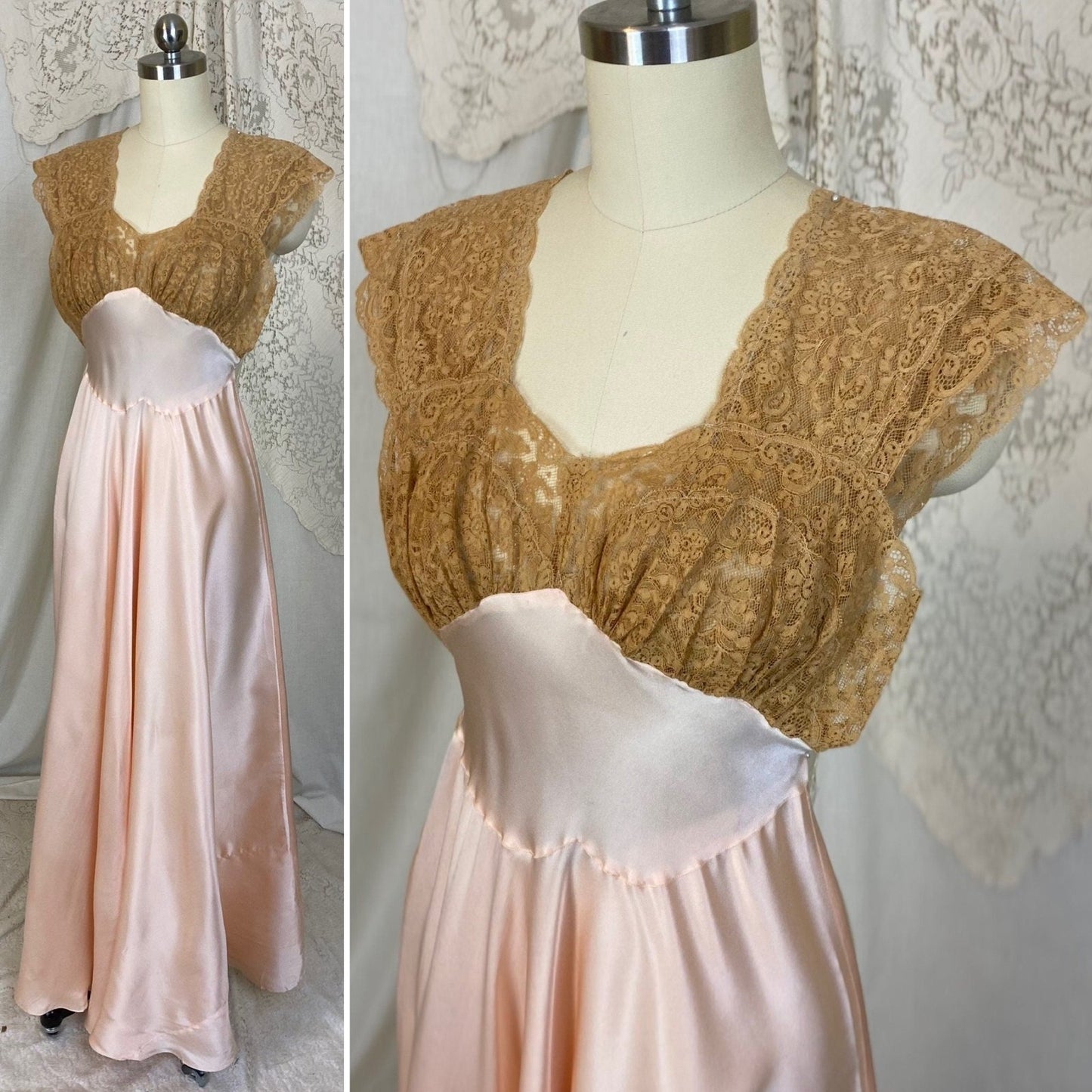 Vintage 1940's Nightgown | Pearly Rose Pink Silk with Deep Tan Floral Lace | Size XXS, XS | Fischer Lingerie - Daggers & Dames