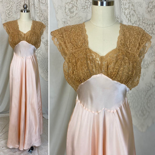 Vintage 1940's Nightgown | Pearly Rose Pink Silk with Deep Tan Floral Lace | Size XXS, XS | Fischer Lingerie - Daggers & Dames