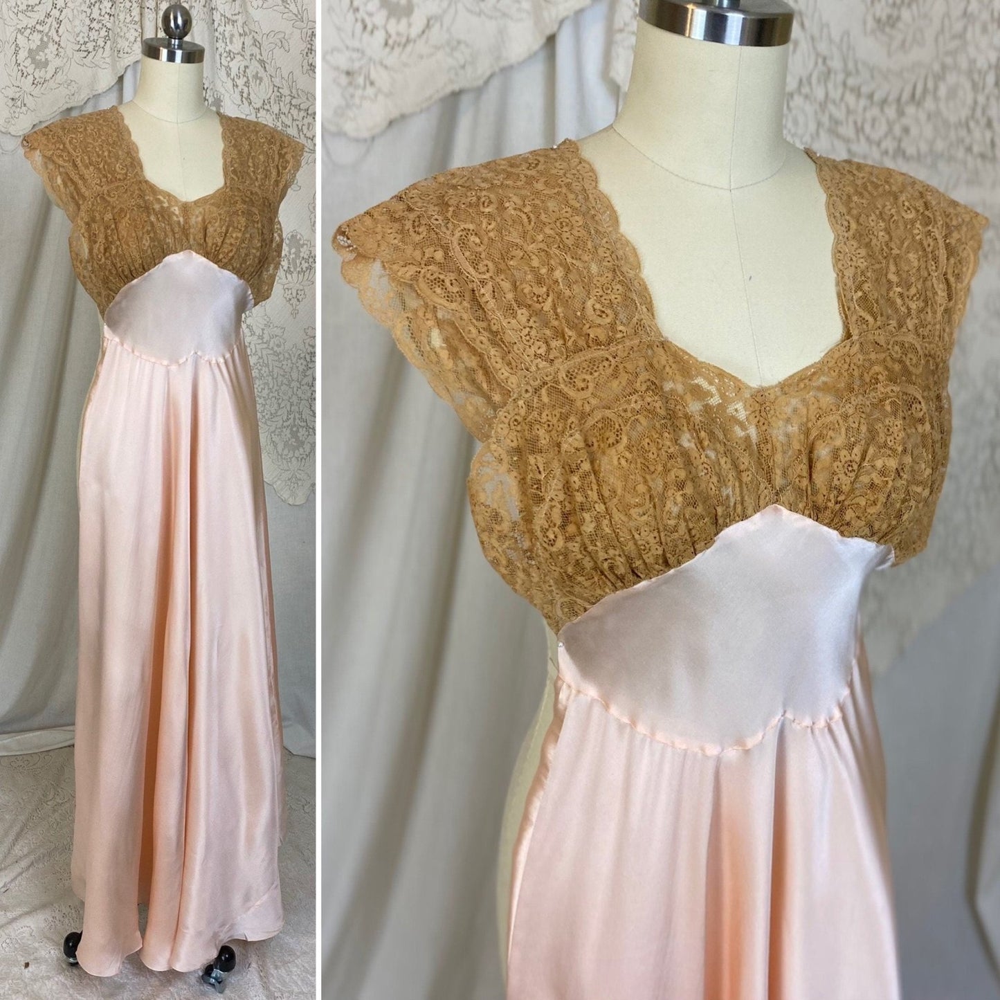 Vintage 1940's Nightgown | Pearly Rose Pink Silk with Deep Tan Floral Lace | Size XXS, XS | Fischer Lingerie - Daggers & Dames