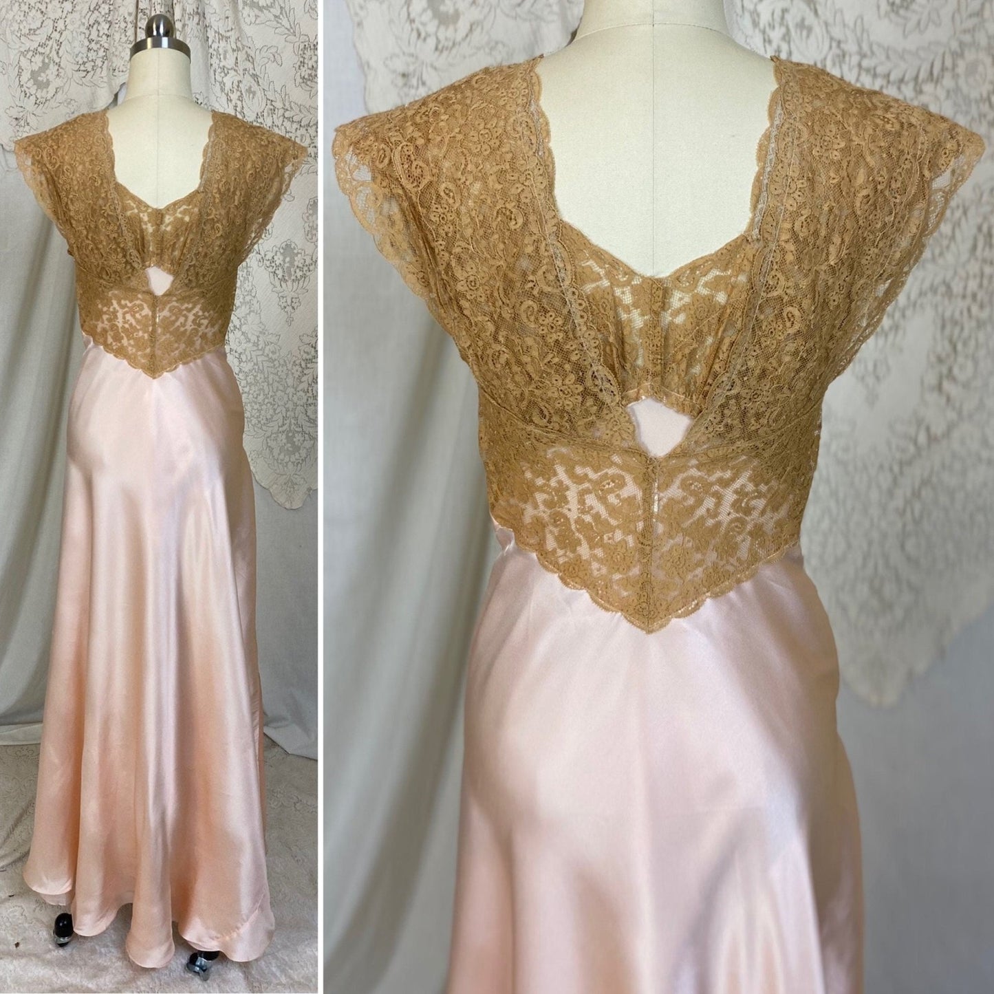 Vintage 1940's Nightgown | Pearly Rose Pink Silk with Deep Tan Floral Lace | Size XXS, XS | Fischer Lingerie - Daggers & Dames