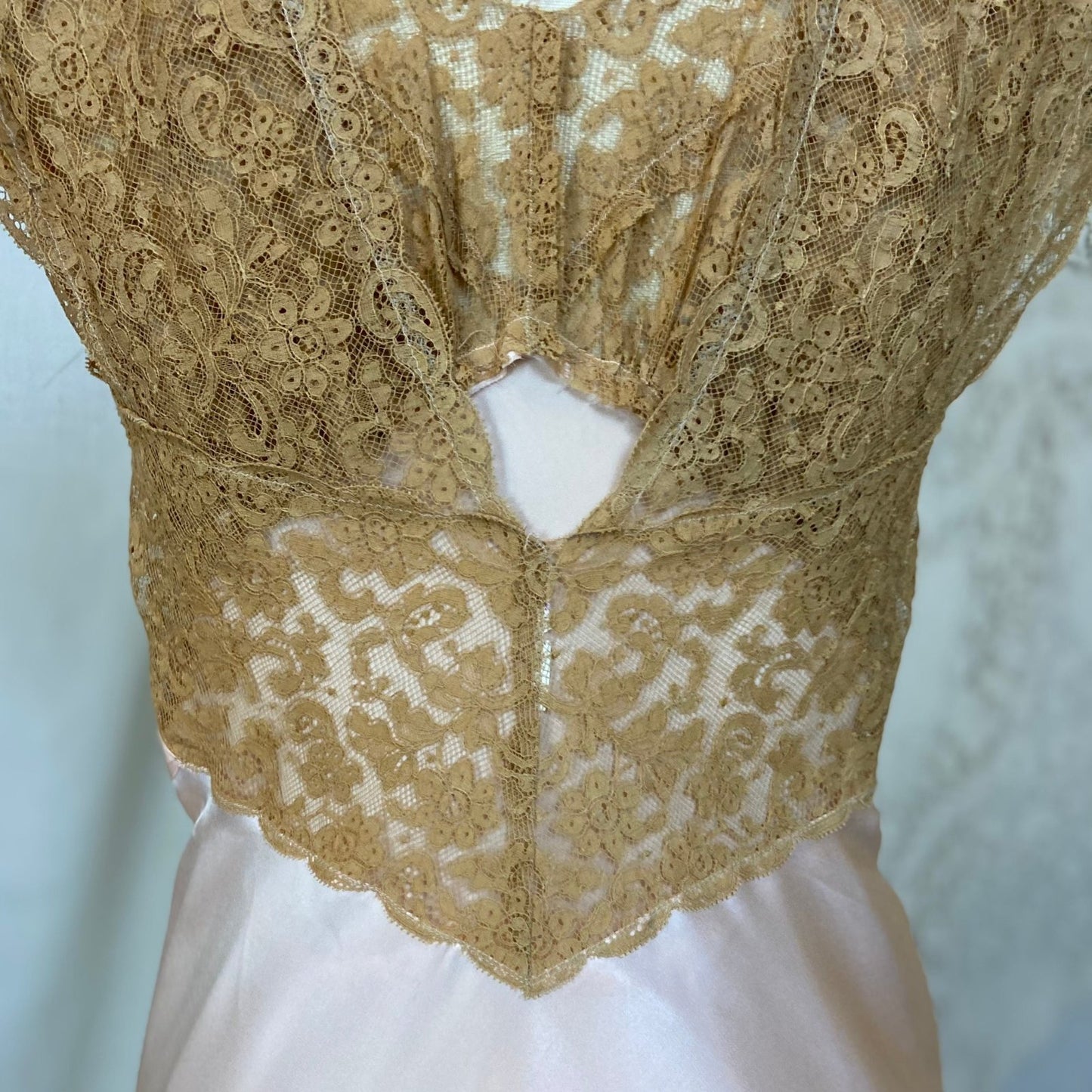 Vintage 1940's Nightgown | Pearly Rose Pink Silk with Deep Tan Floral Lace | Size XXS, XS | Fischer Lingerie - Daggers & Dames