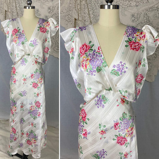 Vintage 1940's Nightgown | Pearly White Rayon Satin Striped Damask with Bold Floral Pattern | Size 40-44 Bust, LG/XL | Never Worn - Daggers & Dames