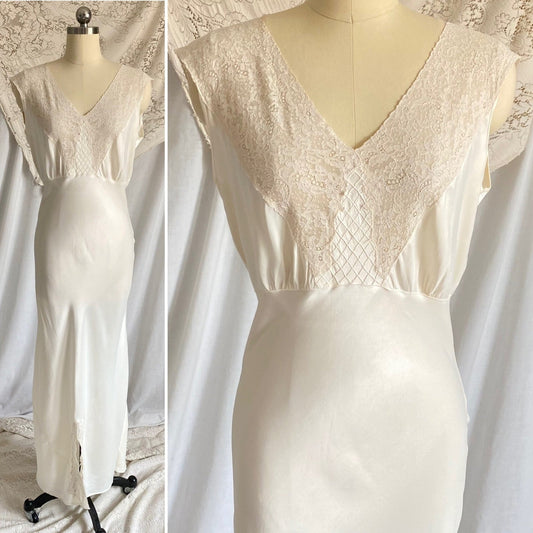 Vintage 1940's Nightgown | Pearly White Rayon Satin with Ivory Floral Cotton Lace & Center Slit | Size S, M | Sleepy Suzy - Daggers & Dames