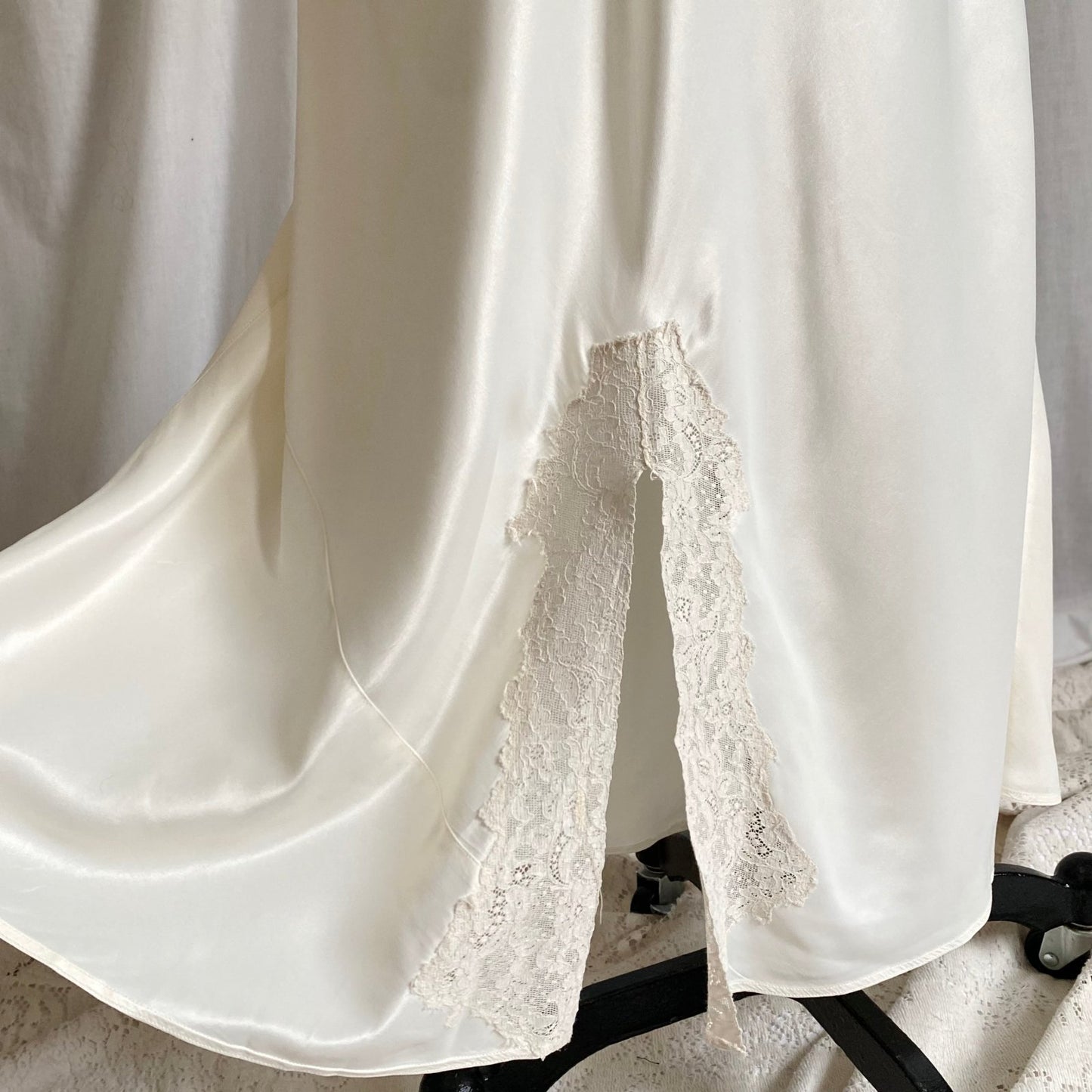 Vintage 1940's Nightgown | Pearly White Rayon Satin with Ivory Floral Cotton Lace & Center Slit | Size S, M | Sleepy Suzy - Daggers & Dames