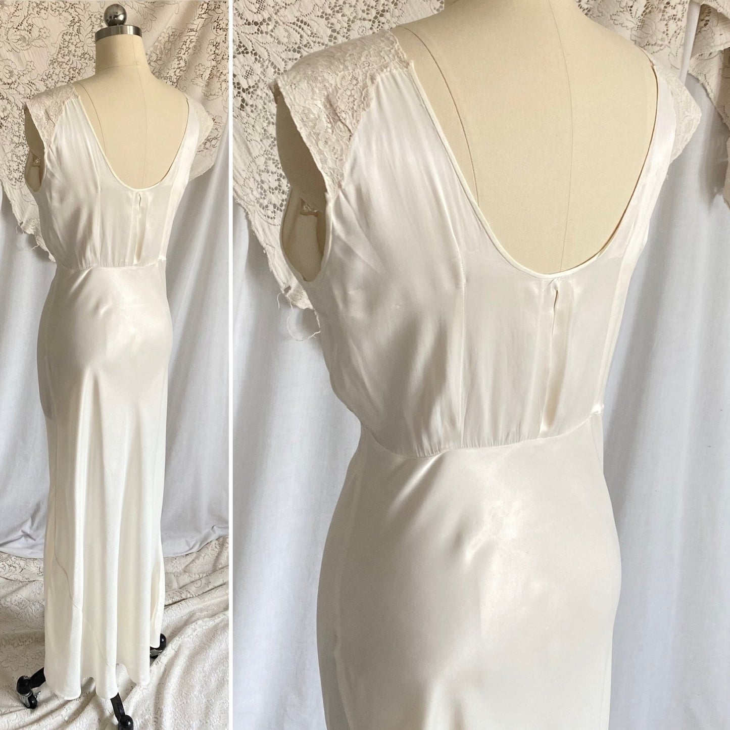 Vintage 1940's Nightgown | Pearly White Rayon Satin with Ivory Floral Cotton Lace & Center Slit | Size S, M | Sleepy Suzy - Daggers & Dames