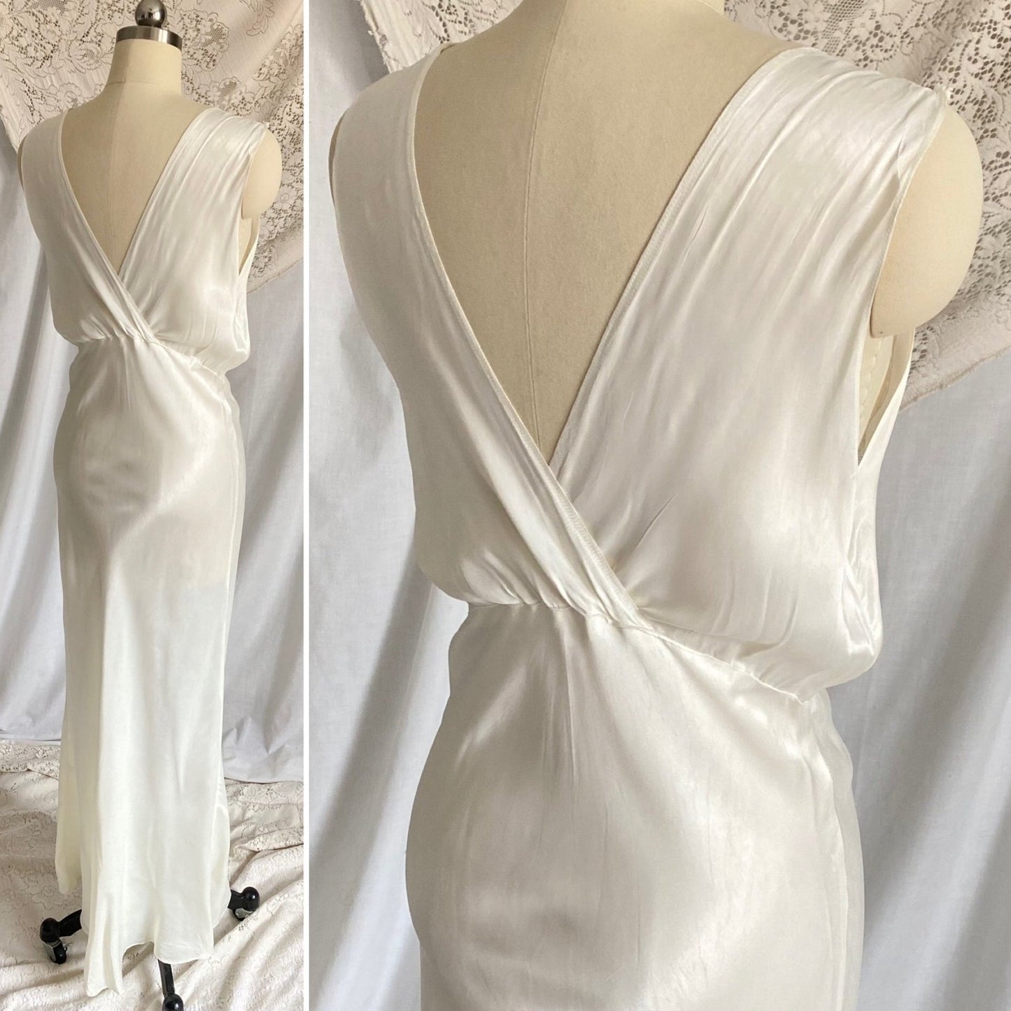 Vintage 1940's Nightgown | Pearly White Rayon Satin with Ruffled Cotton Floral Lace | Size S, M - Daggers & Dames