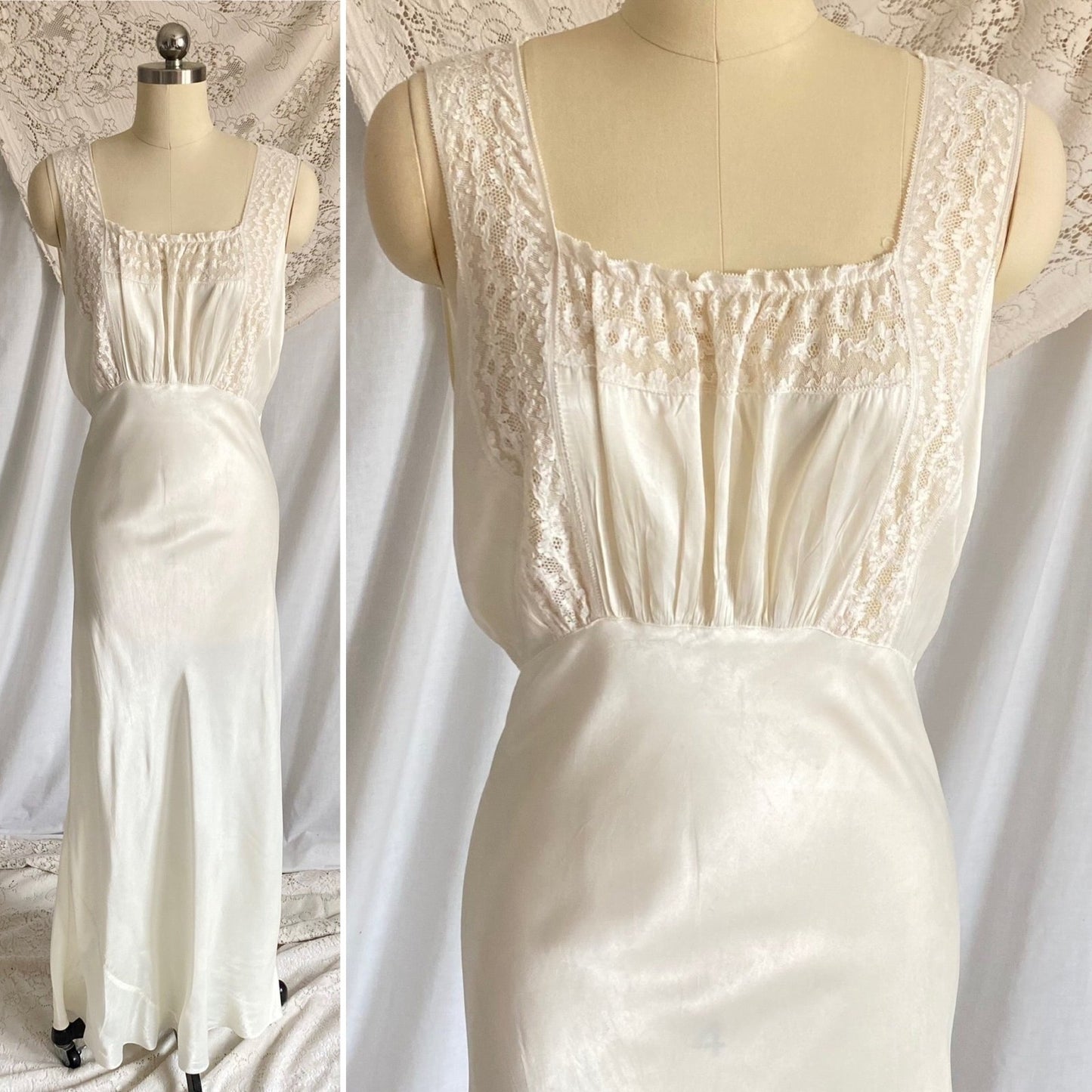 Vintage 1940's Nightgown | Pearly White Rayon Satin with Ruffled Cotton Floral Lace | Size S, M - Daggers & Dames