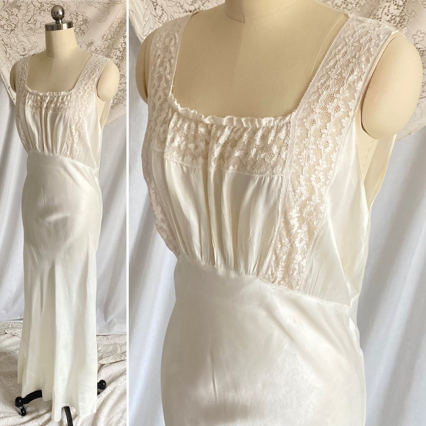 Vintage 1940's Nightgown | Pearly White Rayon Satin with Ruffled Cotton Floral Lace | Size S, M - Daggers & Dames