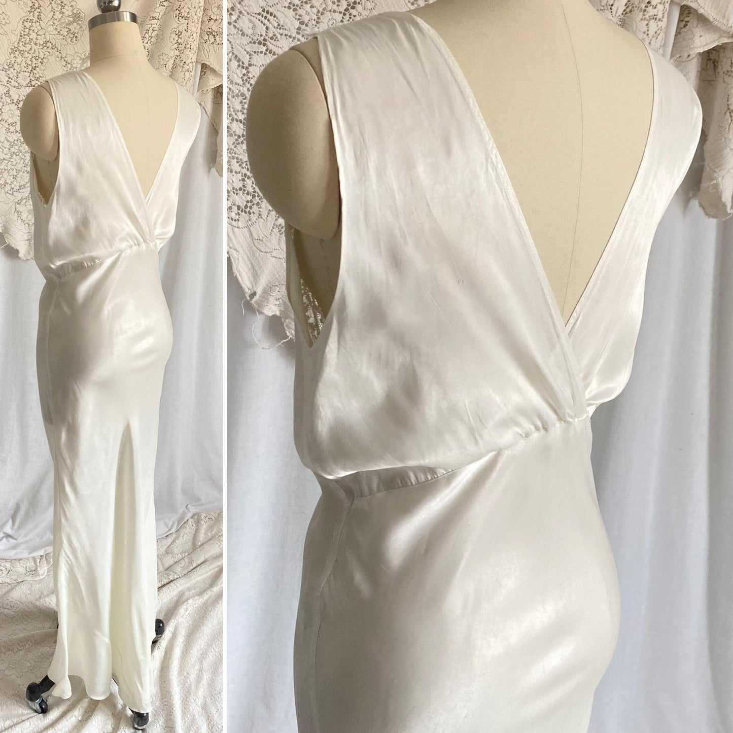 Vintage 1940's Nightgown | Pearly White Rayon Satin with Ruffled Cotton Floral Lace | Size S, M - Daggers & Dames