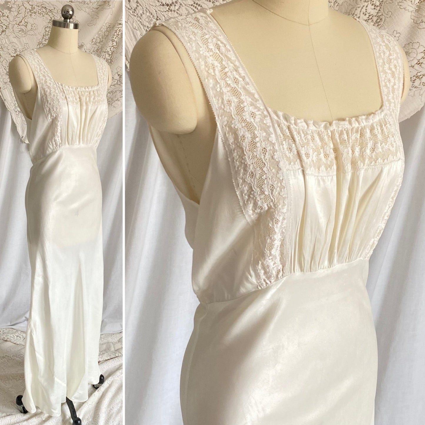 Vintage 1940's Nightgown | Pearly White Rayon Satin with Ruffled Cotton Floral Lace | Size S, M - Daggers & Dames