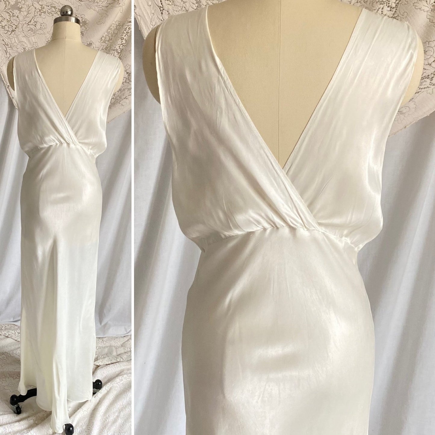 Vintage 1940's Nightgown | Pearly White Rayon Satin with Ruffled Cotton Floral Lace | Size S, M - Daggers & Dames