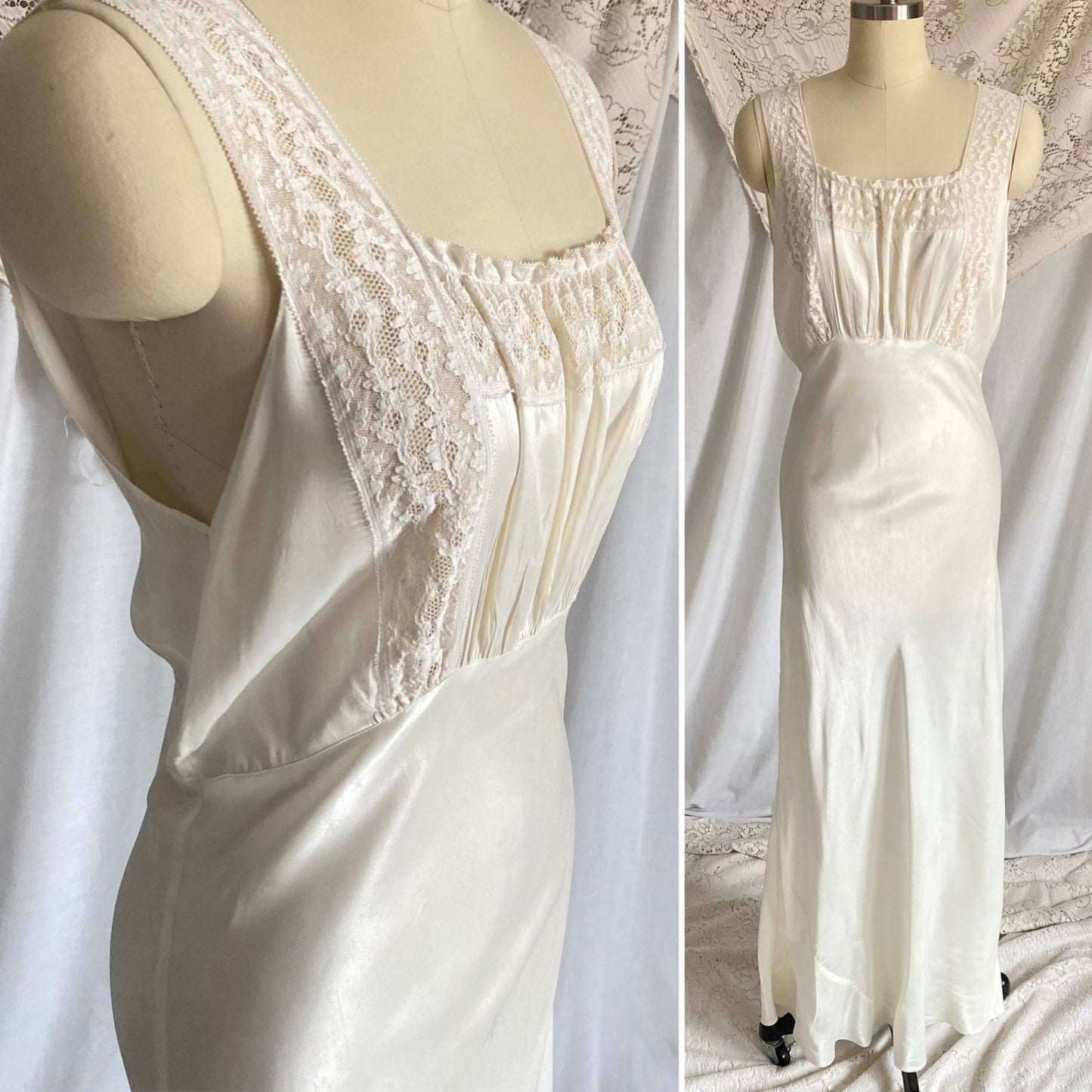 Vintage 1940's Nightgown | Pearly White Rayon Satin with Ruffled Cotton Floral Lace | Size S, M - Daggers & Dames