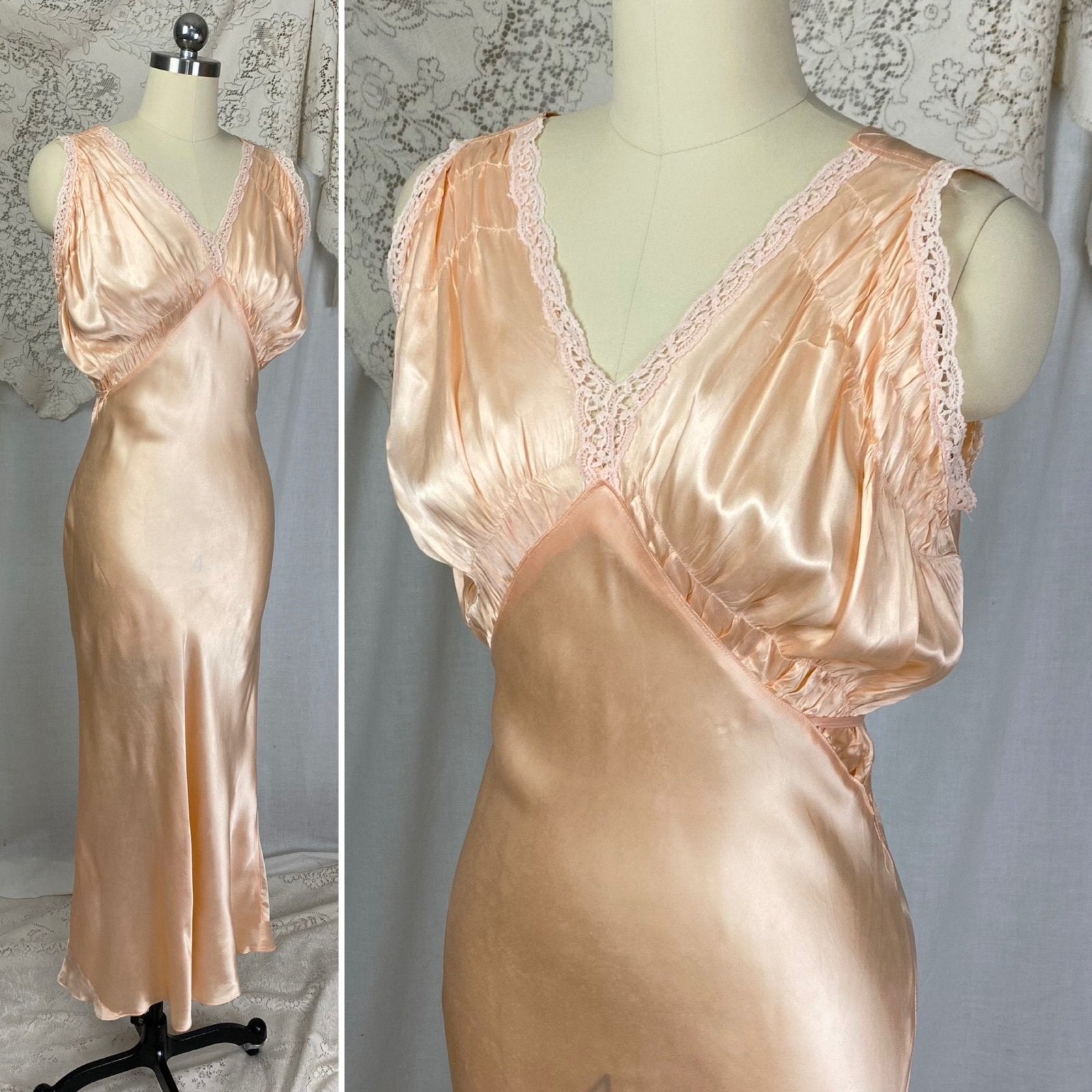 Vintage 1940's Nightgown & Peignoir Robe Set | Peach Rayon Satin with Pale Pink Cotton Lace | Size S, M - Daggers & Dames