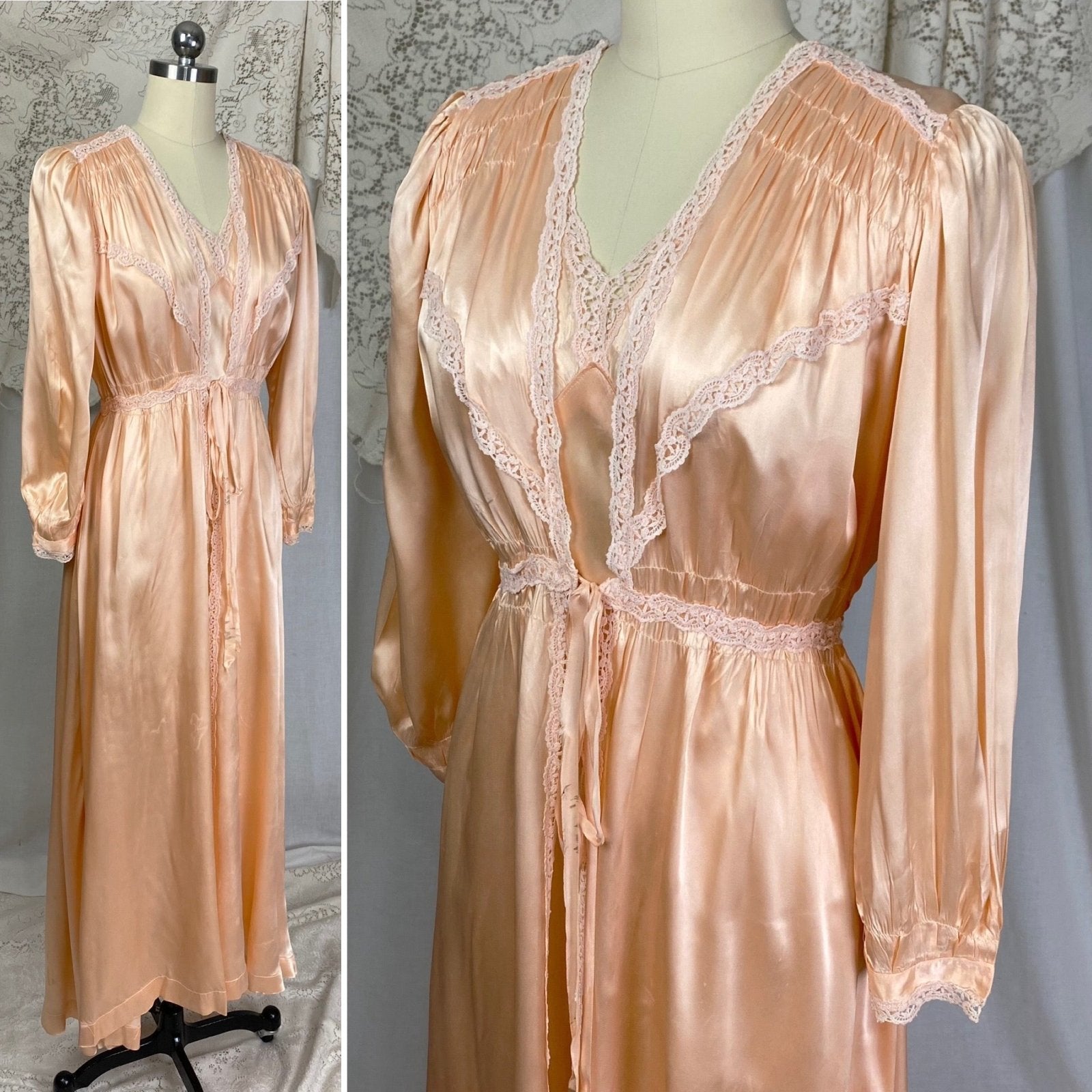 Vintage 1940's Nightgown & Peignoir Robe Set | Peach Rayon Satin with Pale Pink Cotton Lace | Size S, M - Daggers & Dames
