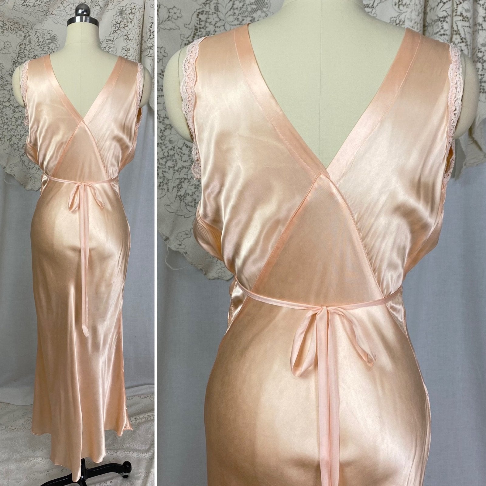 Vintage 1940's Nightgown & Peignoir Robe Set | Peach Rayon Satin with Pale Pink Cotton Lace | Size S, M - Daggers & Dames