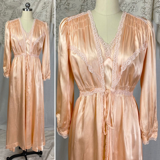 Vintage 1940's Nightgown & Peignoir Robe Set | Peach Rayon Satin with Pale Pink Cotton Lace | Size S, M - Daggers & Dames