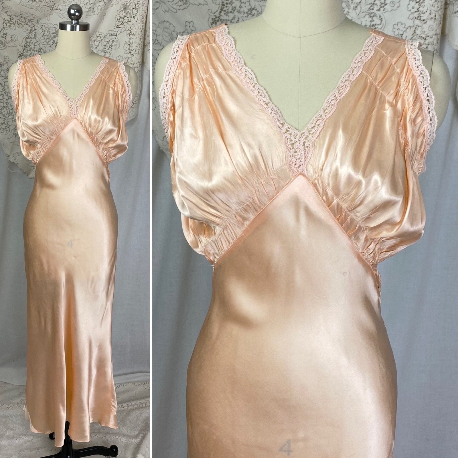Vintage 1940's Nightgown & Peignoir Robe Set | Peach Rayon Satin with Pale Pink Cotton Lace | Size S, M - Daggers & Dames