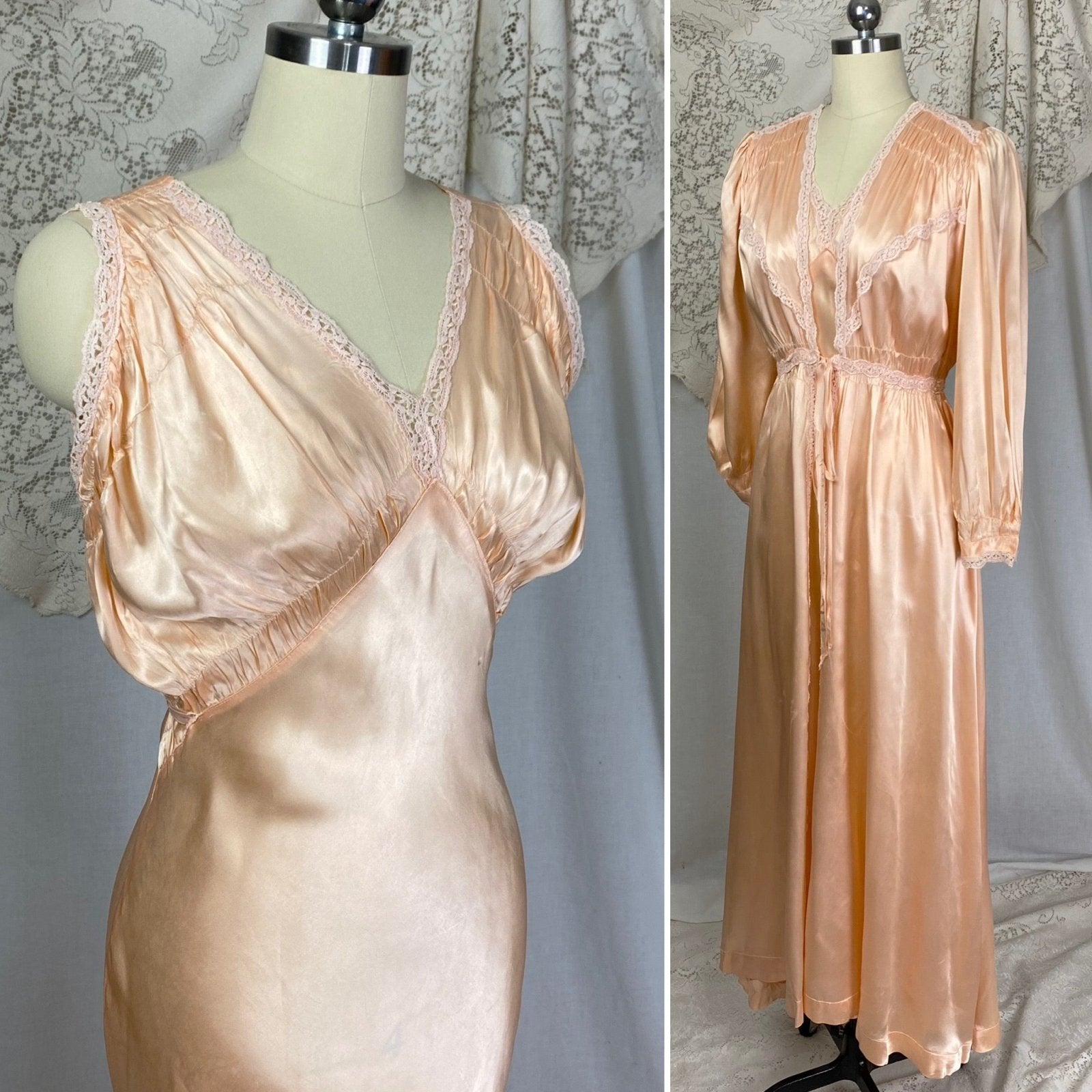 Vintage 1940's Nightgown & Peignoir Robe Set | Peach Rayon Satin with Pale Pink Cotton Lace | Size S, M - Daggers & Dames