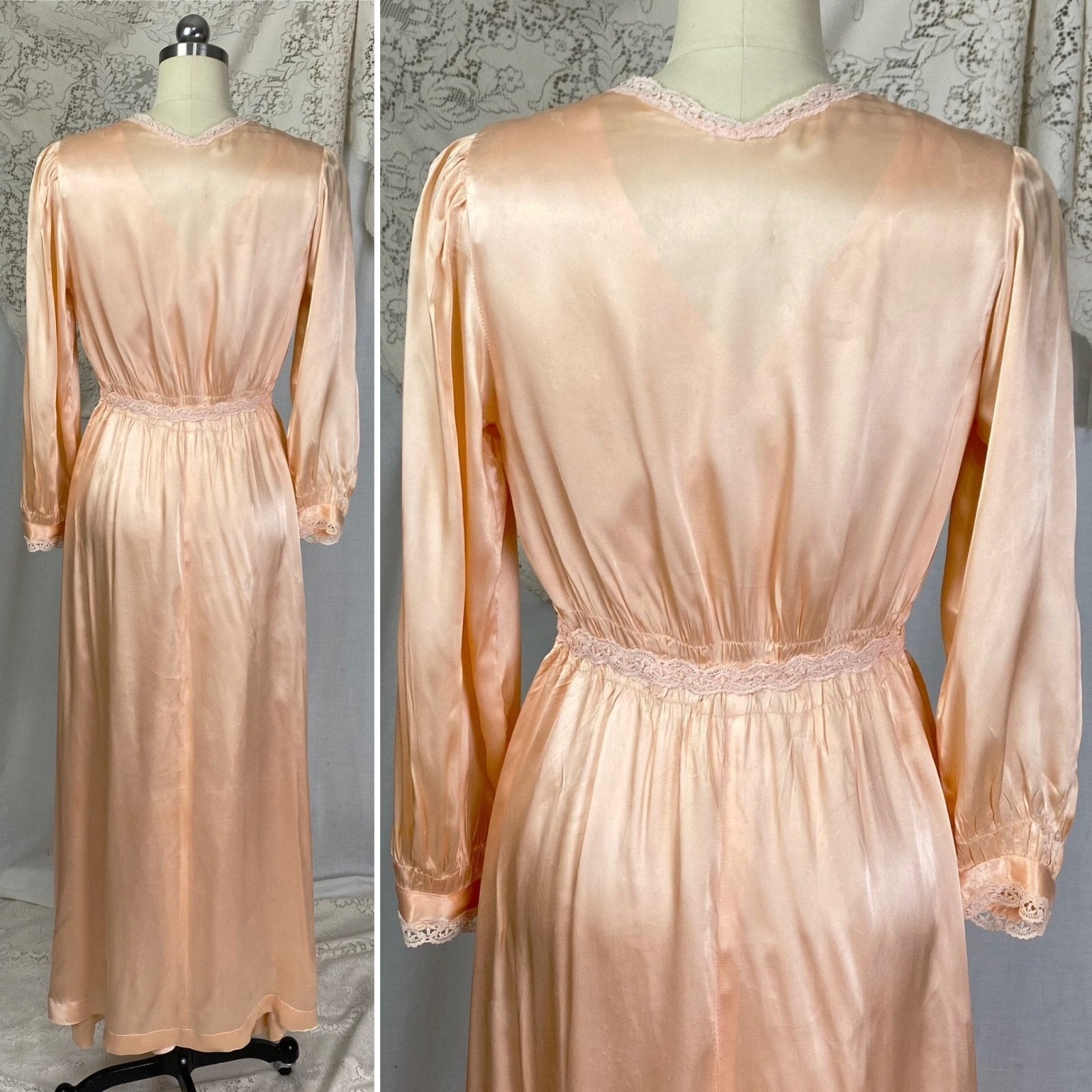 Vintage 1940's Nightgown & Peignoir Robe Set | Peach Rayon Satin with Pale Pink Cotton Lace | Size S, M - Daggers & Dames