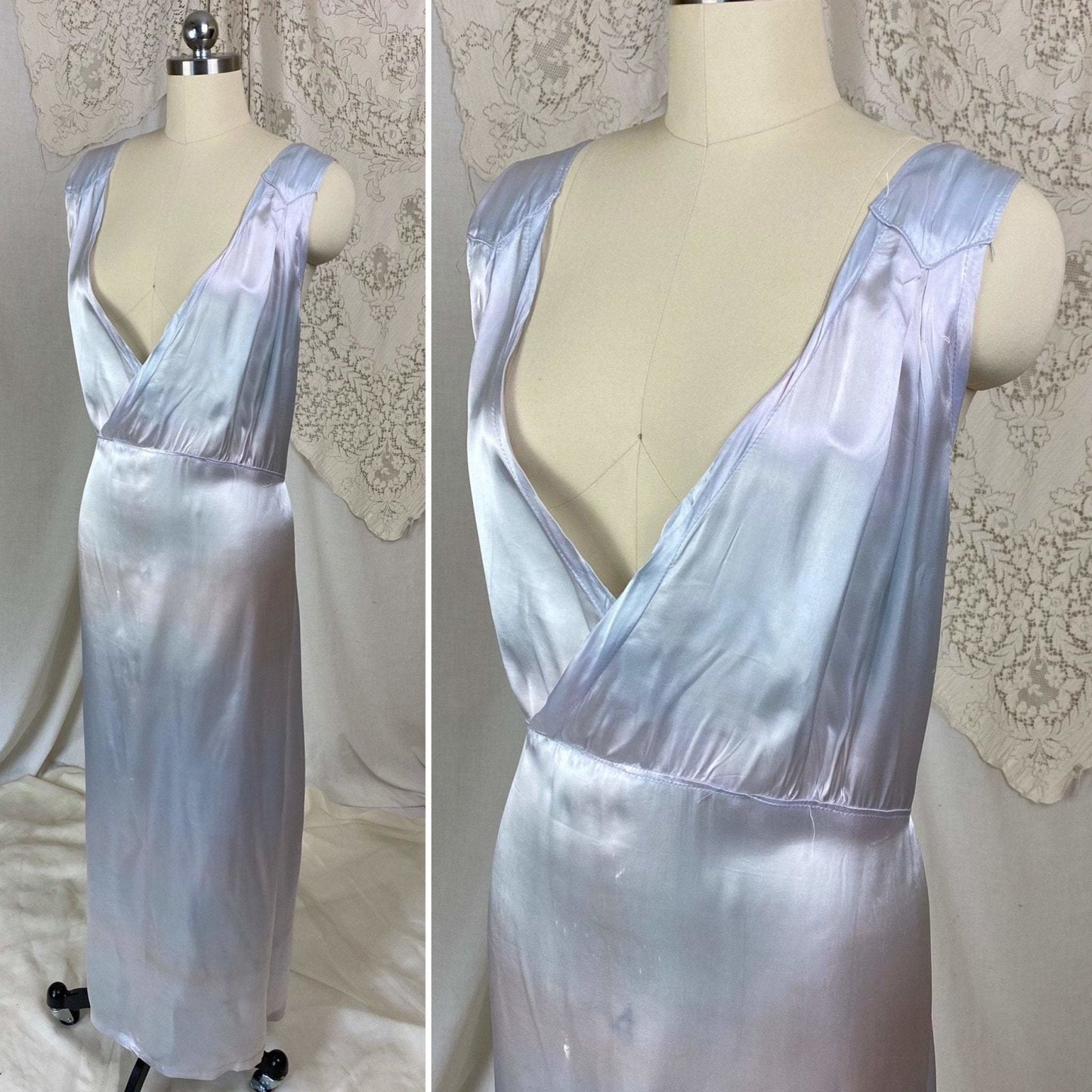 Vintage 1940's Nightgown | Periwinkle Blue Rayon Satin with Violet Patina | Size XXLG - Daggers & Dames
