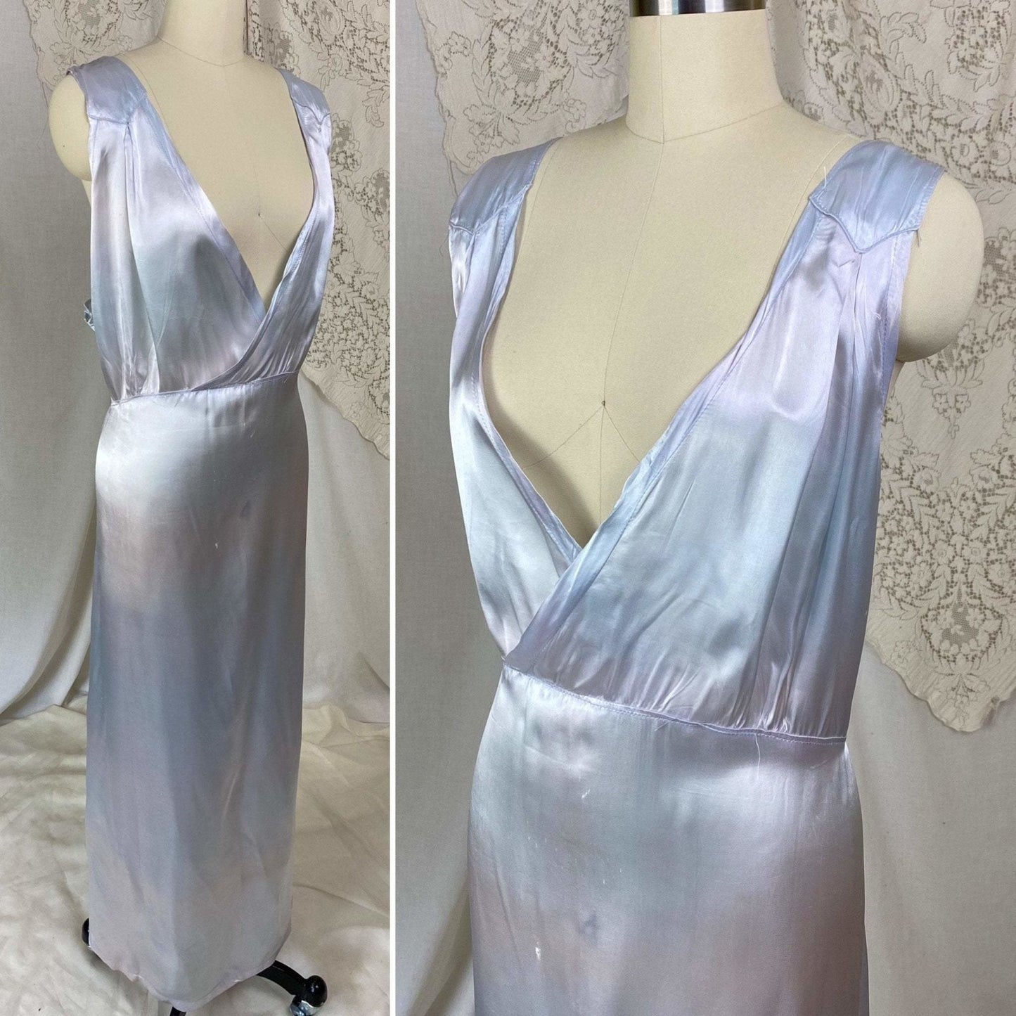 Vintage 1940's Nightgown | Periwinkle Blue Rayon Satin with Violet Patina | Size XXLG - Daggers & Dames