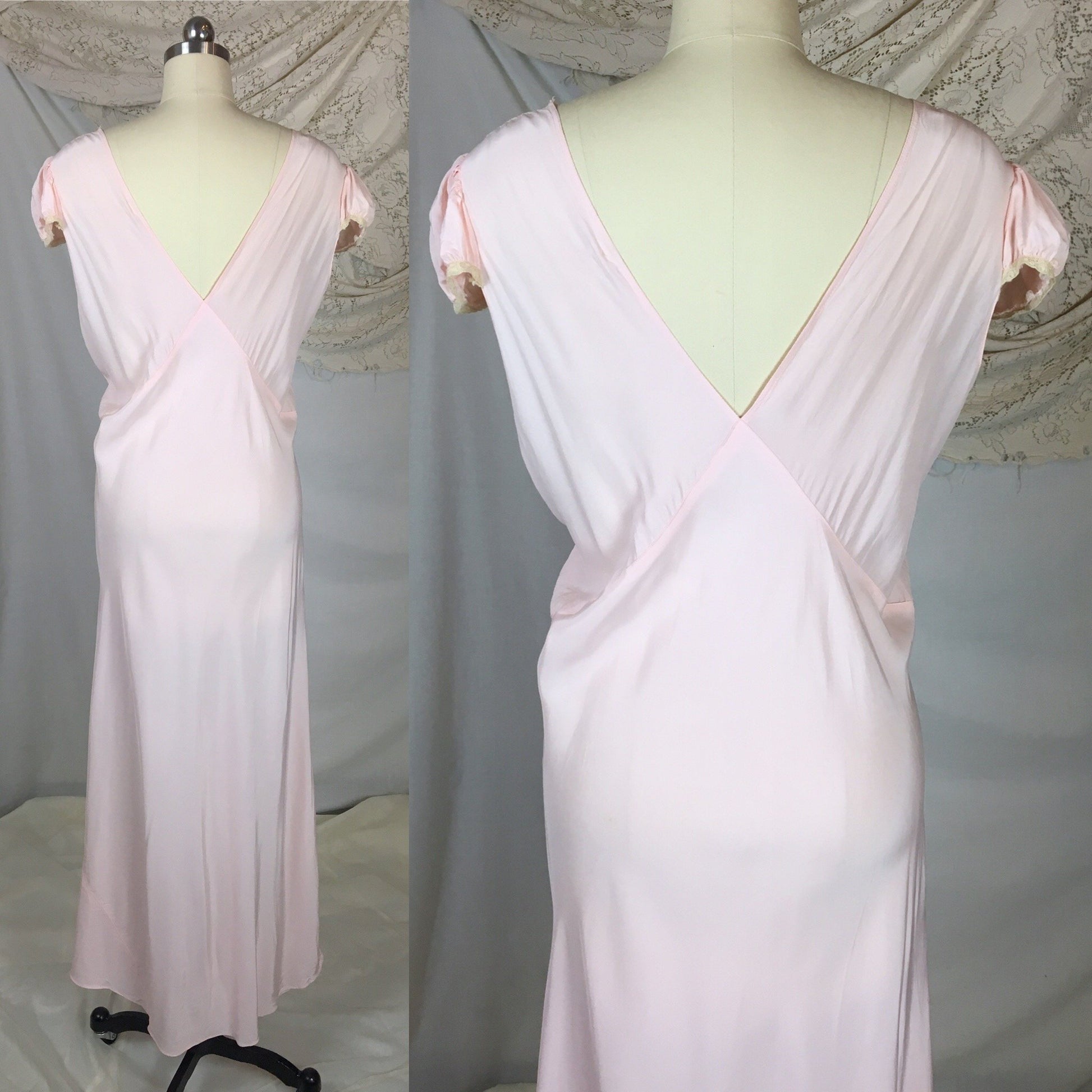 Vintage 1940's Nightgown | Powder Pink Rayon with Ecru Lace & Embroidered Flower Applique | Size XXL - Daggers & Dames
