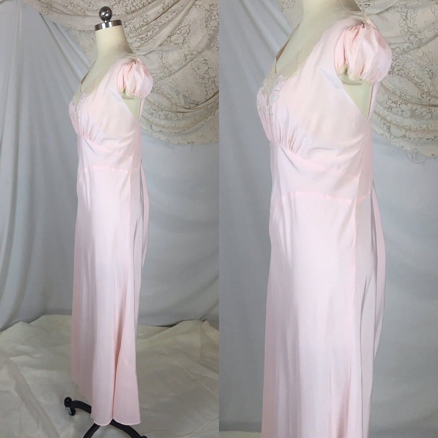 Vintage 1940's Nightgown | Powder Pink Rayon with Ecru Lace & Embroidered Flower Applique | Size XXL - Daggers & Dames