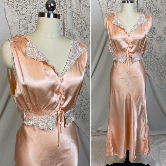 Vintage 1940's Nightgown | Rich Rose Gold Pink with Ruffled Lace & Lace-up Chest | Size M, LG | Betty Lou Lingerie - Daggers & Dames
