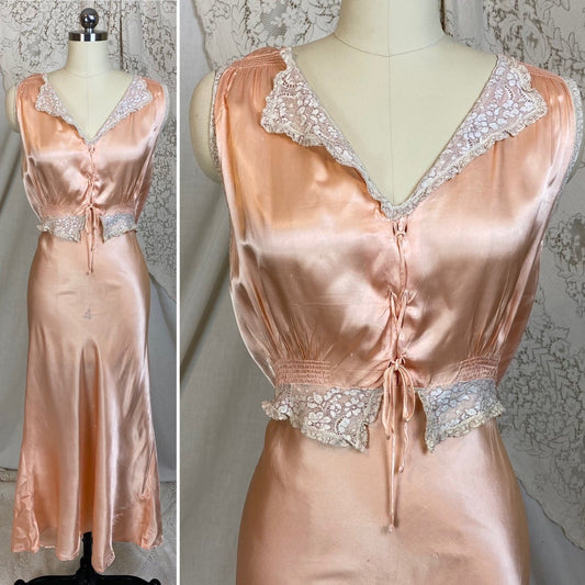 Vintage 1940's Nightgown | Rich Rose Gold Pink with Ruffled Lace & Lace-up Chest | Size M, LG | Betty Lou Lingerie - Daggers & Dames