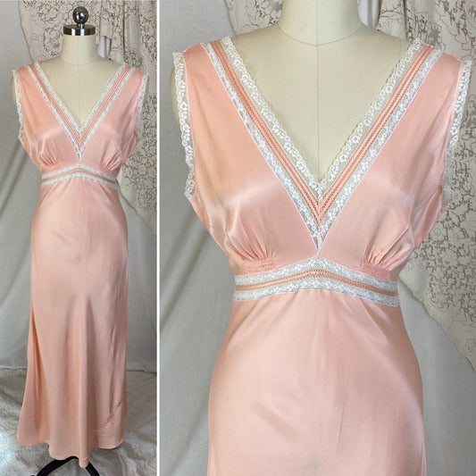 Vintage 1940's Nightgown | Rich Rose Pink Rayon Satin with White Floral Lace | Size XS, S | Never Worn - Daggers & Dames