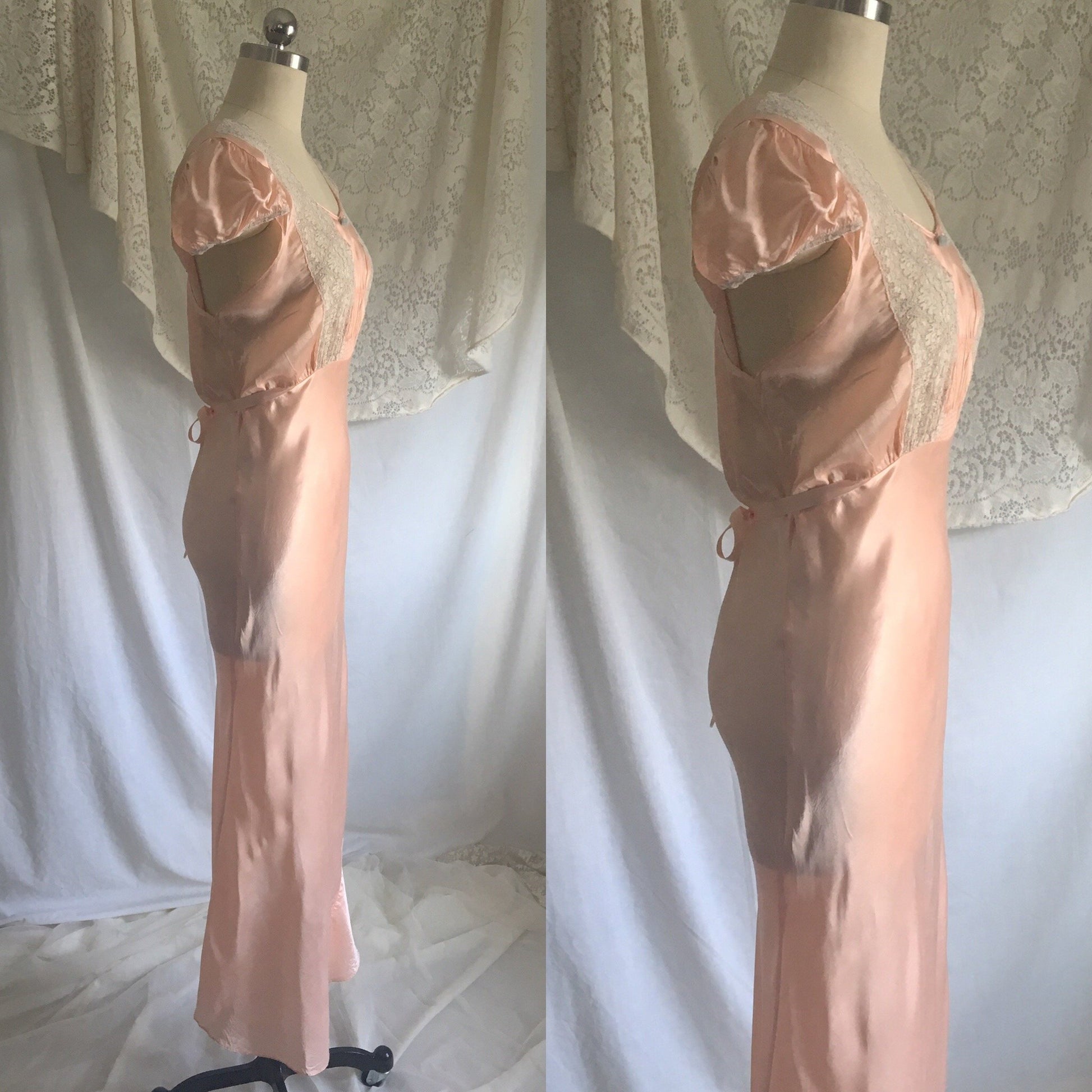 Vintage 1940's Nightgown | Rose Gold Pink Rayon Satin with Alençon Lace & Cap Sleeves | Size LG - Daggers & Dames