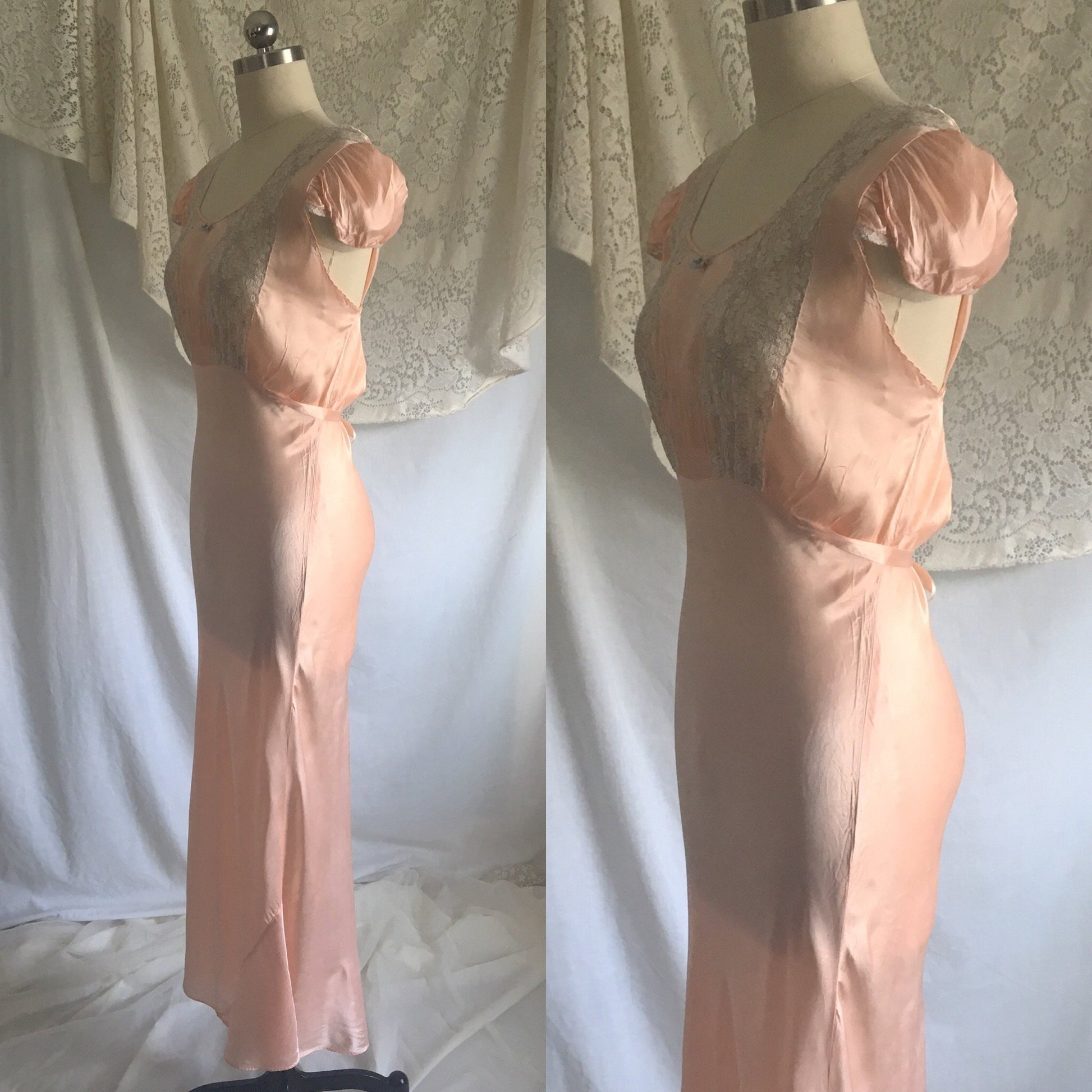 Vintage 1940's Nightgown | Rose Gold Pink Rayon Satin with Alençon Lace & Cap Sleeves | Size LG - Daggers & Dames